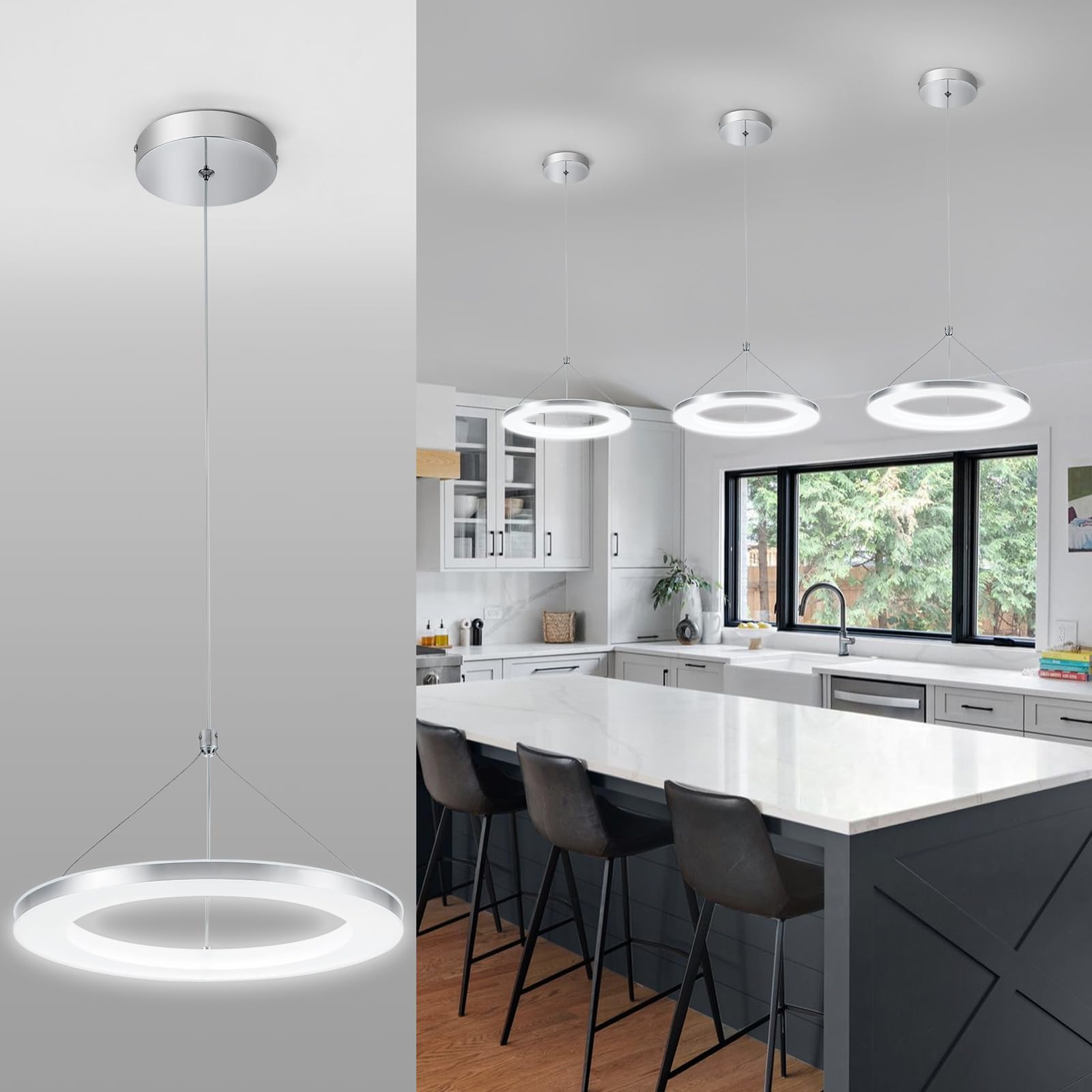 Chying Modern Led Pendant Light Kitchen Island Silver Ring Pendant Lighting 6500K Cool White Adjustable Height Ceiling Hanging Light Fixture For Bedroom Dining Room Living Room