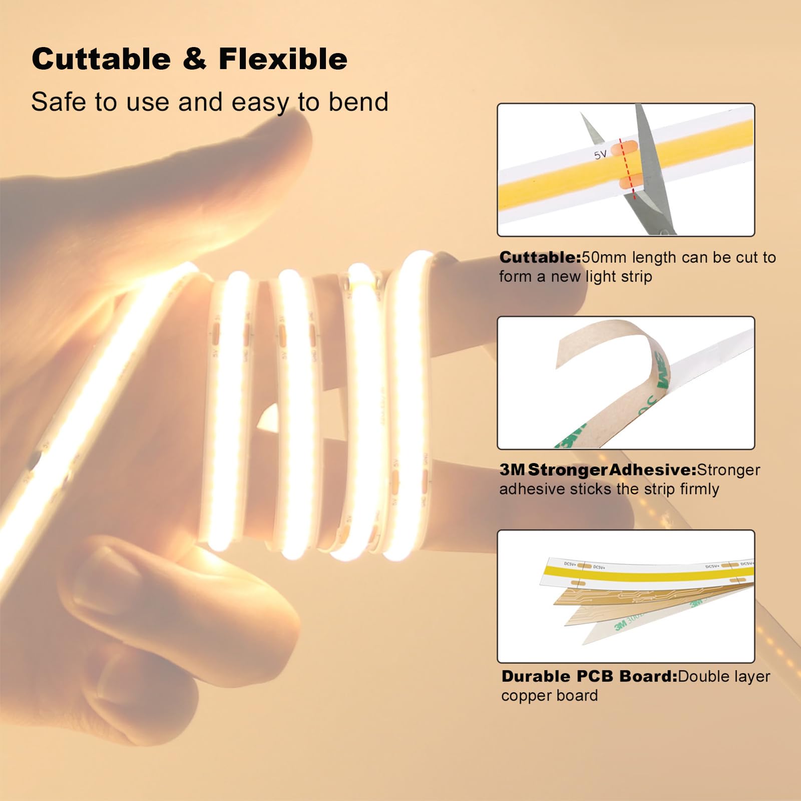 Gxilee Usb Light Strip - Warm White 3000K, 6Ft Cob Led With Dimmer, Model G-3000K-5V2M, Ideal For Tv & Indoor Diy