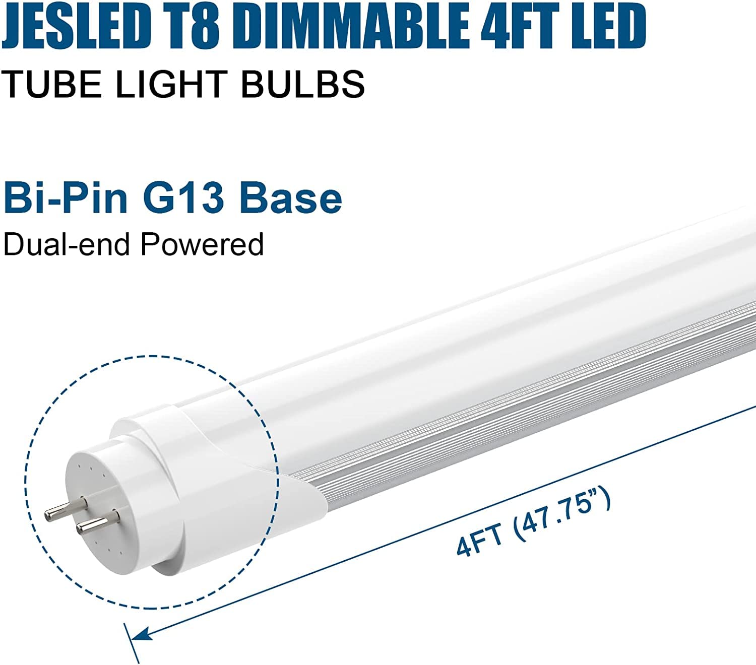 JESLED Dimmable T8 LED Bulbs, 4FT, 3120+ Lumens, 5000K Daylight White, Aluminum, Model JDN-T84FT-G13