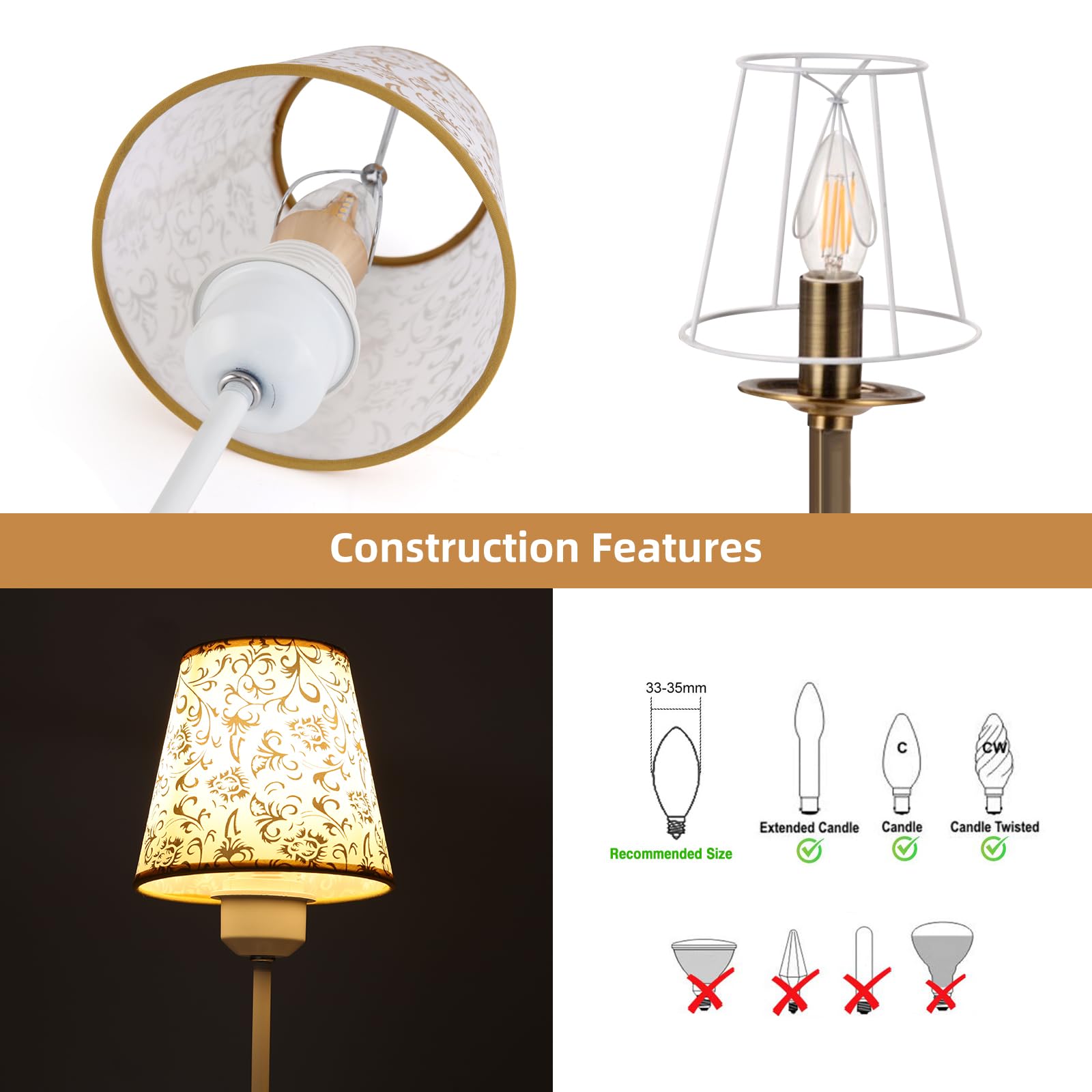 YISUN Crystal Chandelier Shades Mini Lamp Shade Set of 6 Gold Pattern Fabric Iron PVC