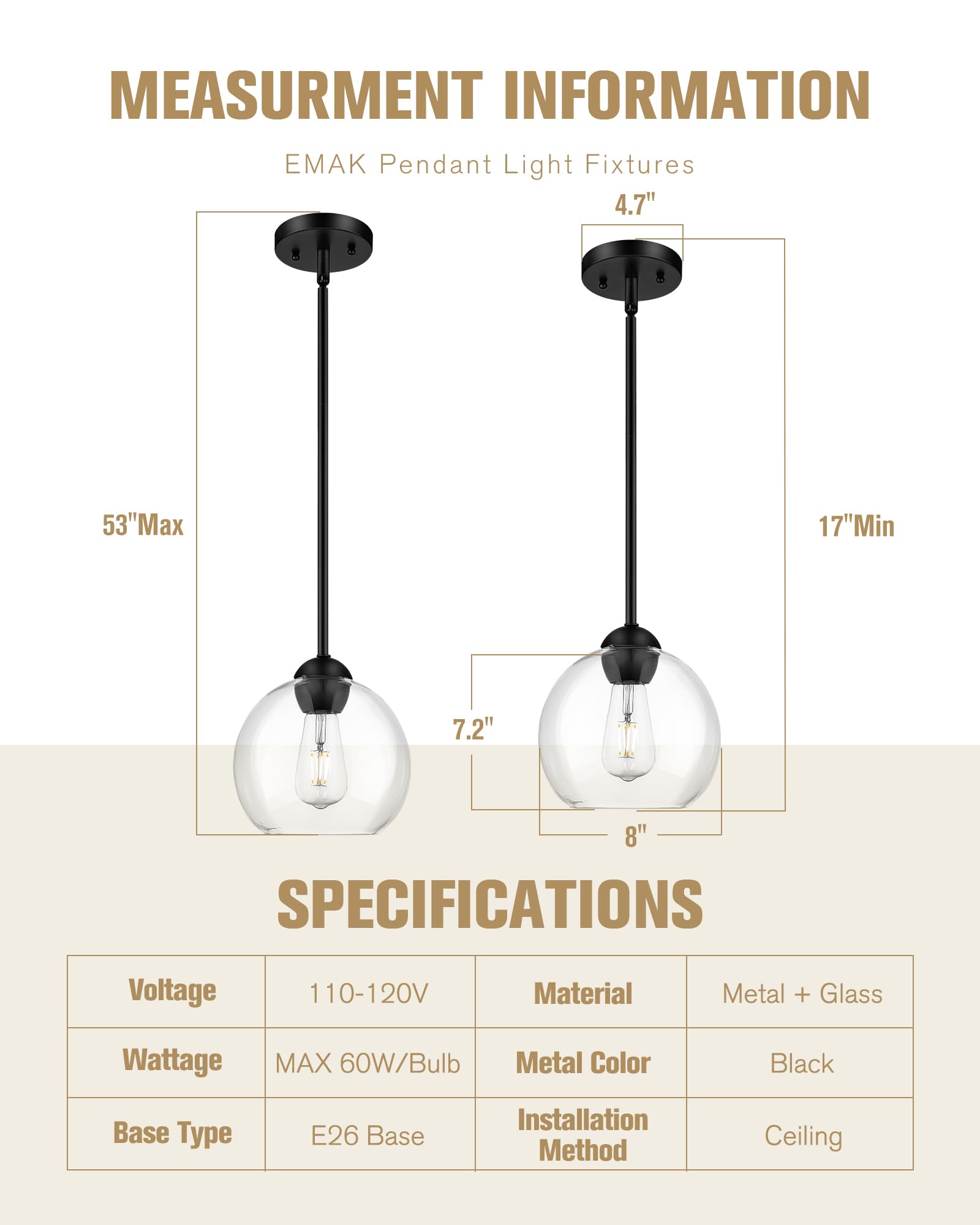 Emak 8 Inch Globe Pendant Lights Kitchen Island, Modern Black Pendant Light With Clear Glass Shade, 2 Pack Hanging Light Fixture