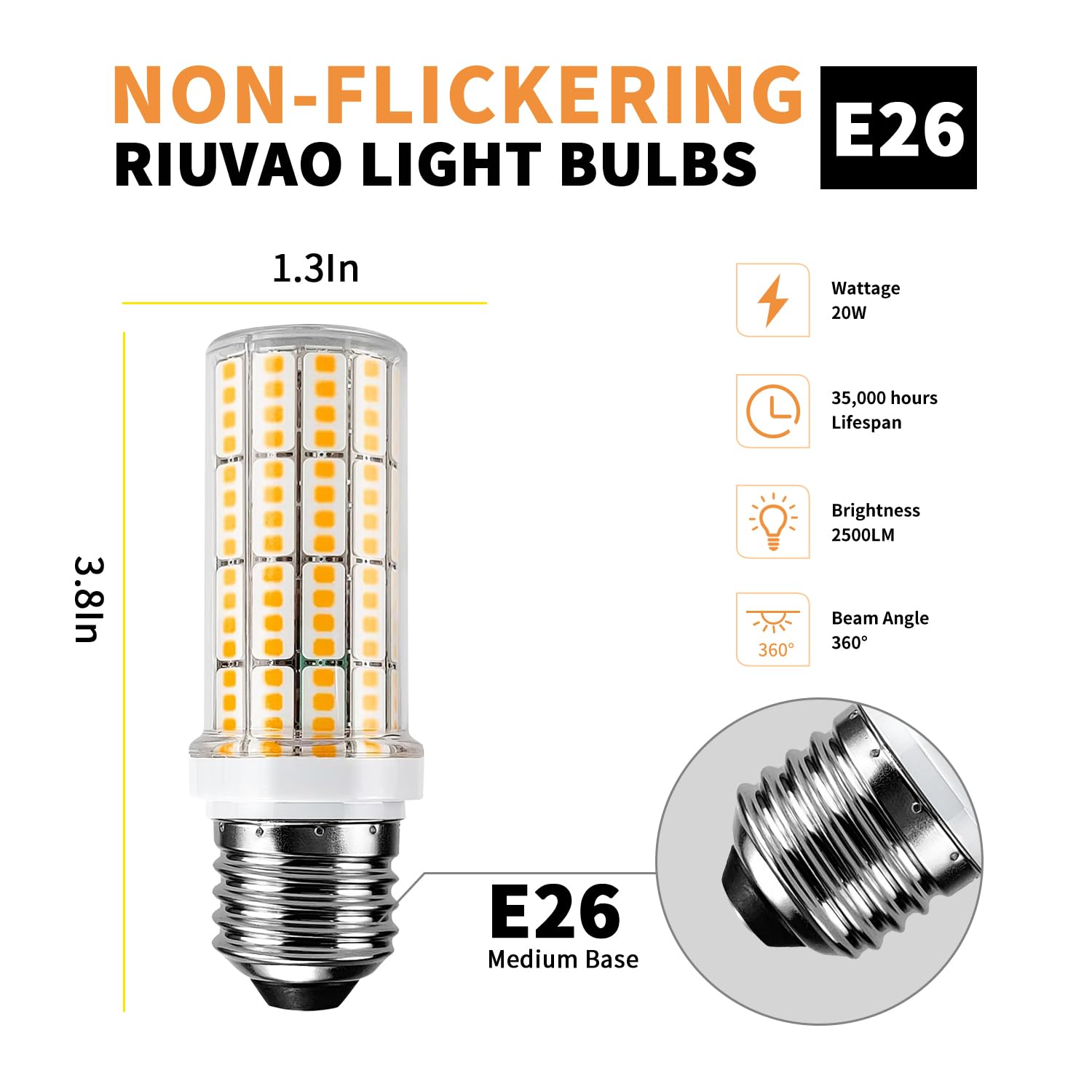 RIUVAO 6 pcs LED Corn Light Bulbs, 20w Non-Dimmable, 2500 Lumen, 3000K Cool Daylight, E26/E27 Base,