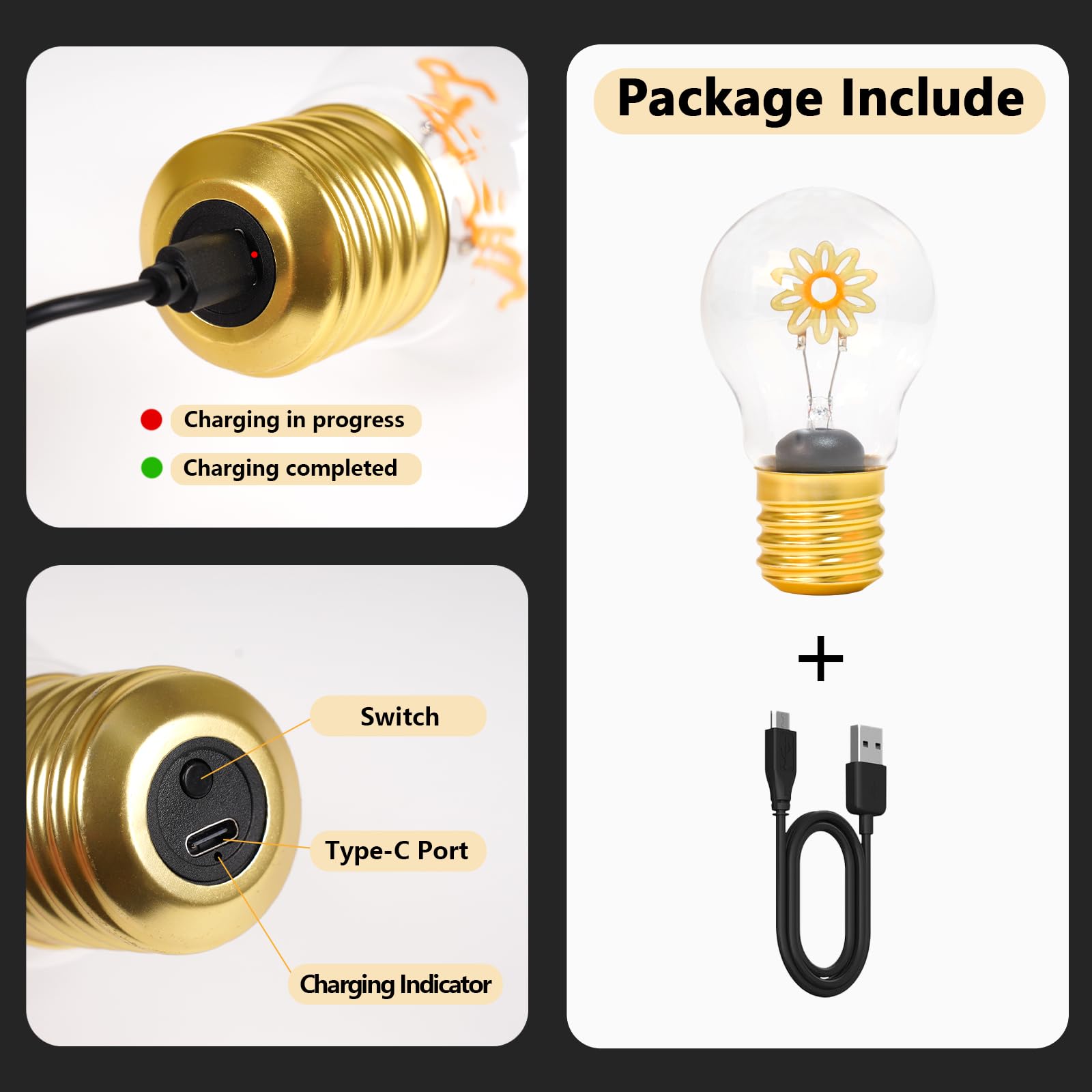 Fengrun Flower Cordless Battery Powered Light Bulb, Rechargeable Light Bulb Led Table Lamp For Home Parties Activity Decor