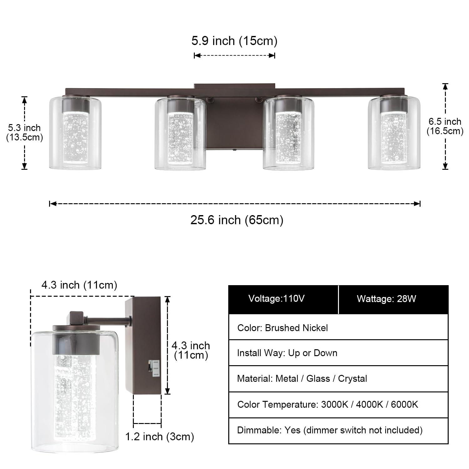 Sinerise 4-Light Bronze Vanity Light With 3 Color Modes (3000K/4000K/6000K), Eye Protection Led Bathroom Light Fixture, Dimmable