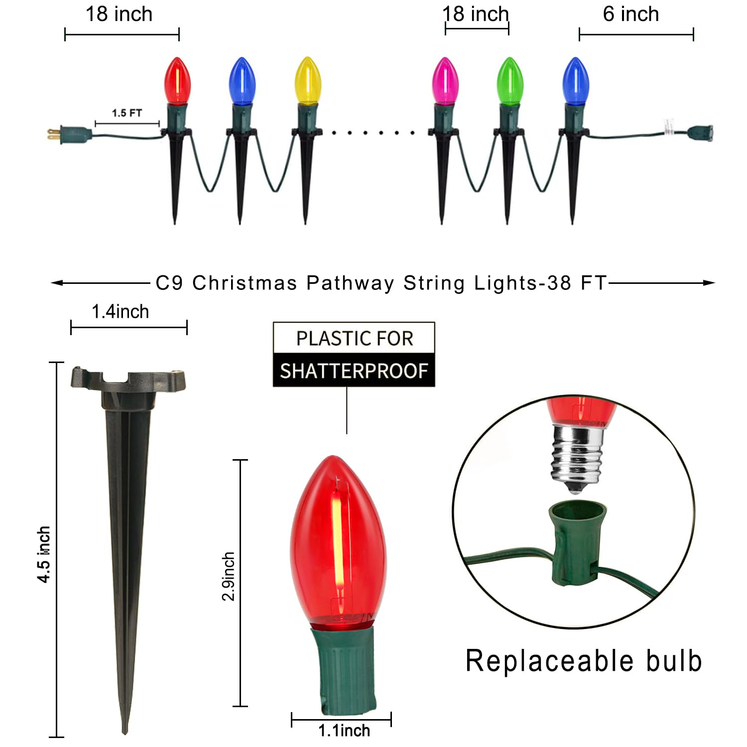 C9 Led Christmas Pathway Lights, 38Ft Multi-Color Christmas Pathway String Lights With 25 Multi-Color Led Light Bulbs And Stakes