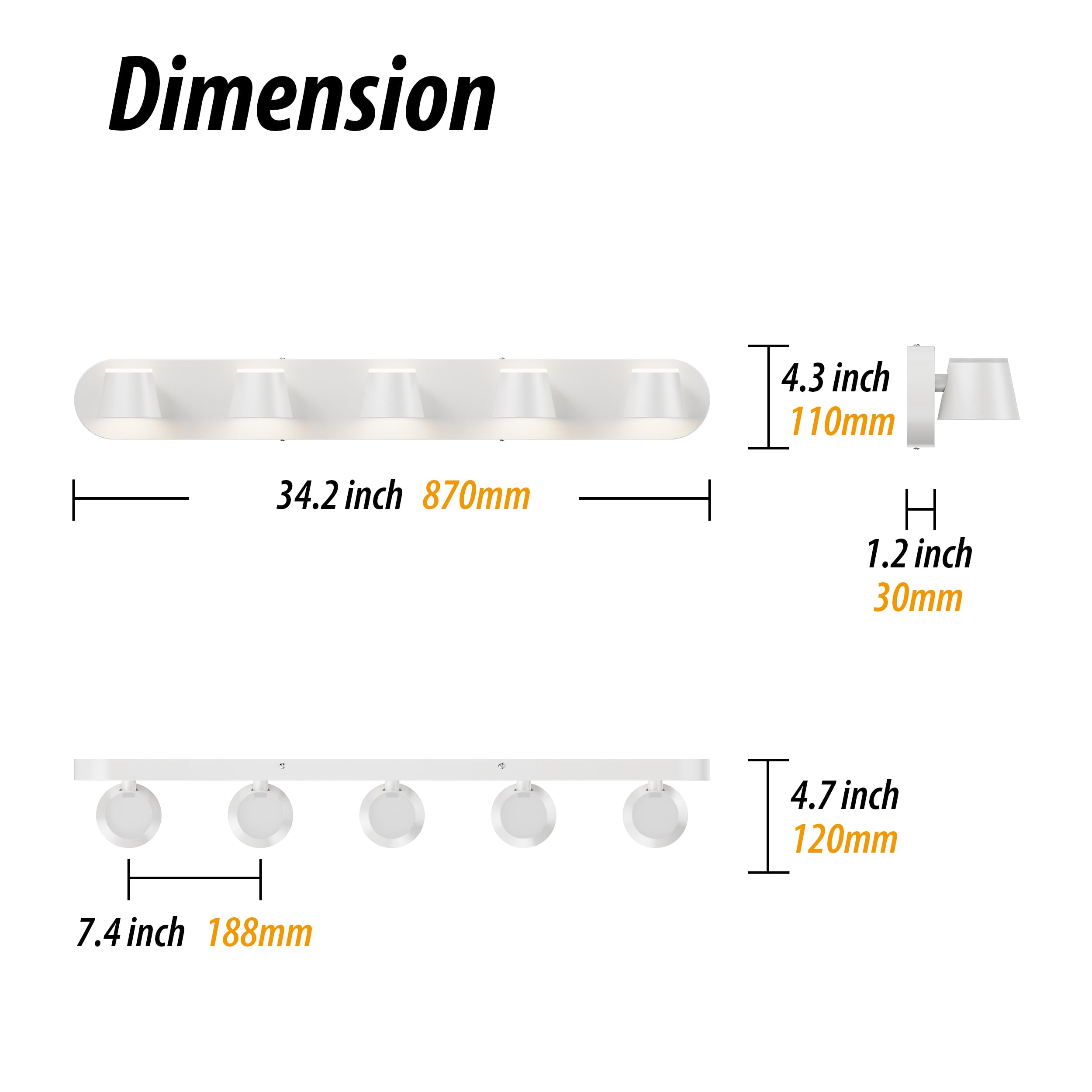 URSOLA 5-Light Bathroom Vanity Light, Dimmable & Rotatable, White Acrylic, 34 Inch, Model 7540WH-5T