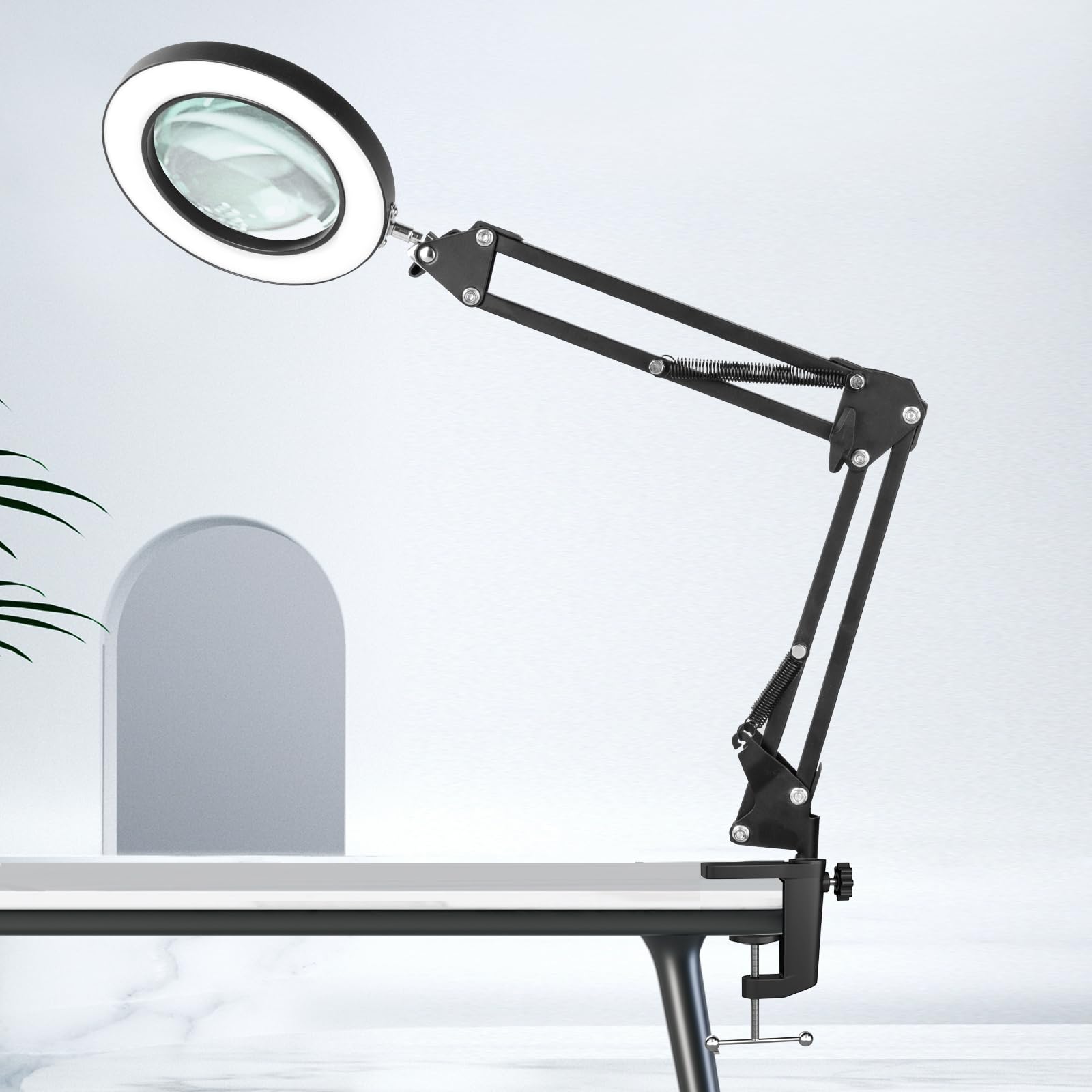 Hitti 10X Magnifying Glass With Light And Stand, Stepless Dimming 3 Color Modes Led Magnifier Lighted Glass, Hands Free Desk Lam