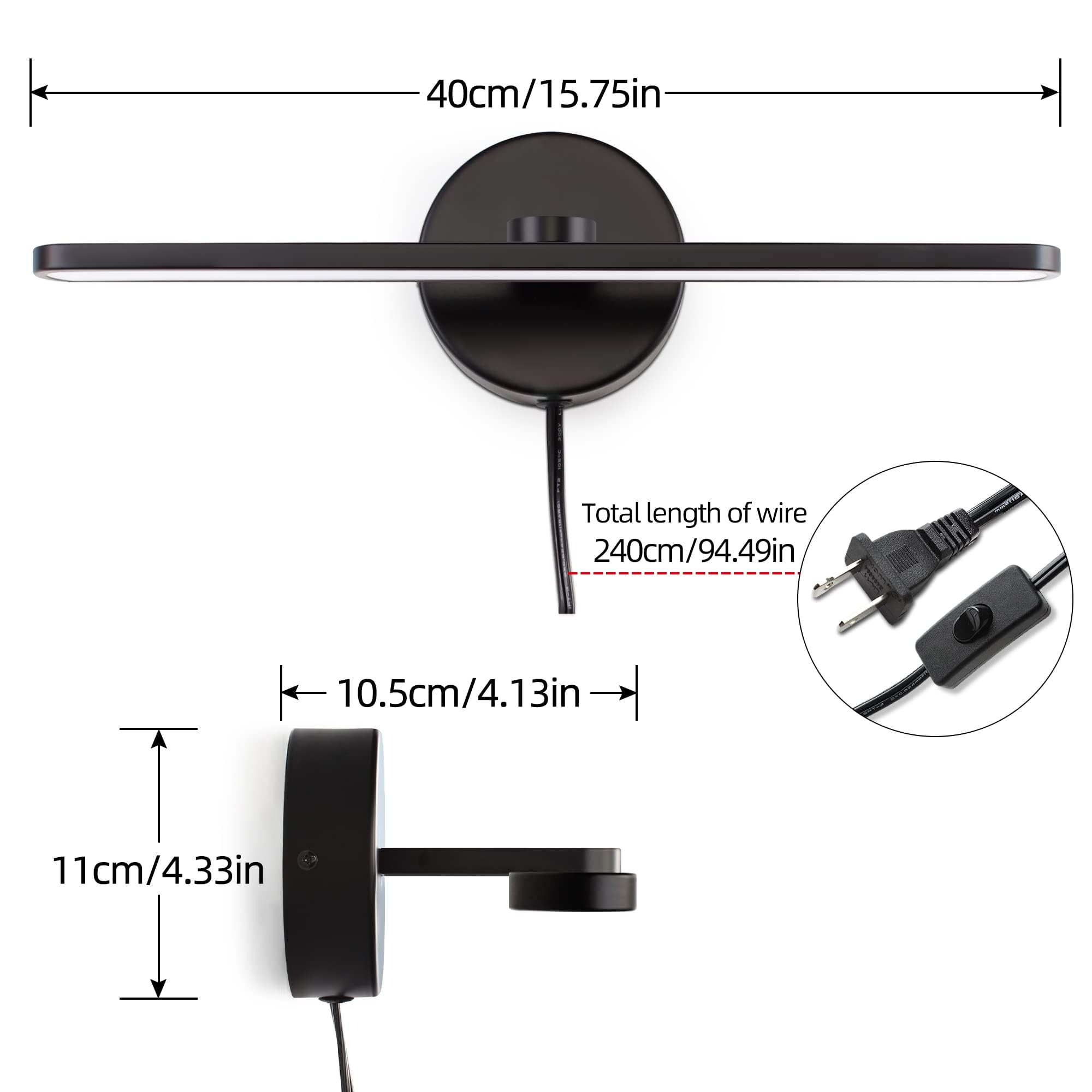 Mantolite Led Vanity Lighting Fixtures, 15.75 Inch Wall Mounted Plug In Light Fixtures, Bathroom Over Mirror Lamp Modern Home Wall Picture Lamps Sconces, 12W 3000K Black Make-Up Mirror Front Lamps