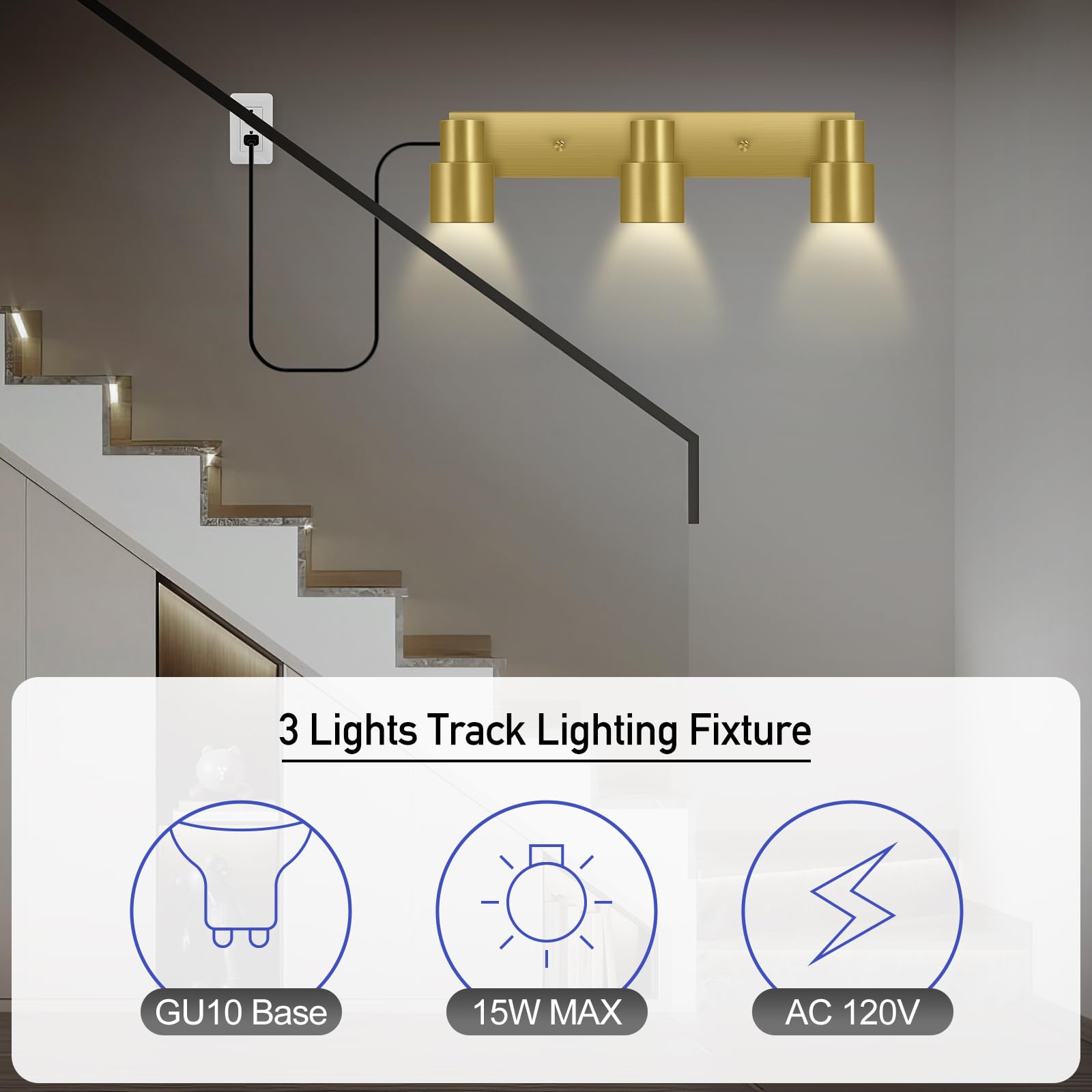Plug-In Track Lighting Led, Track Light Fixtures Ceiling, Gold 3-Light Track Light For Kitchen, 3 Way Ceiling Spotlight, Rotatable Wall Mount Light Head For Bedroom Hallway, Bulb Not Included
