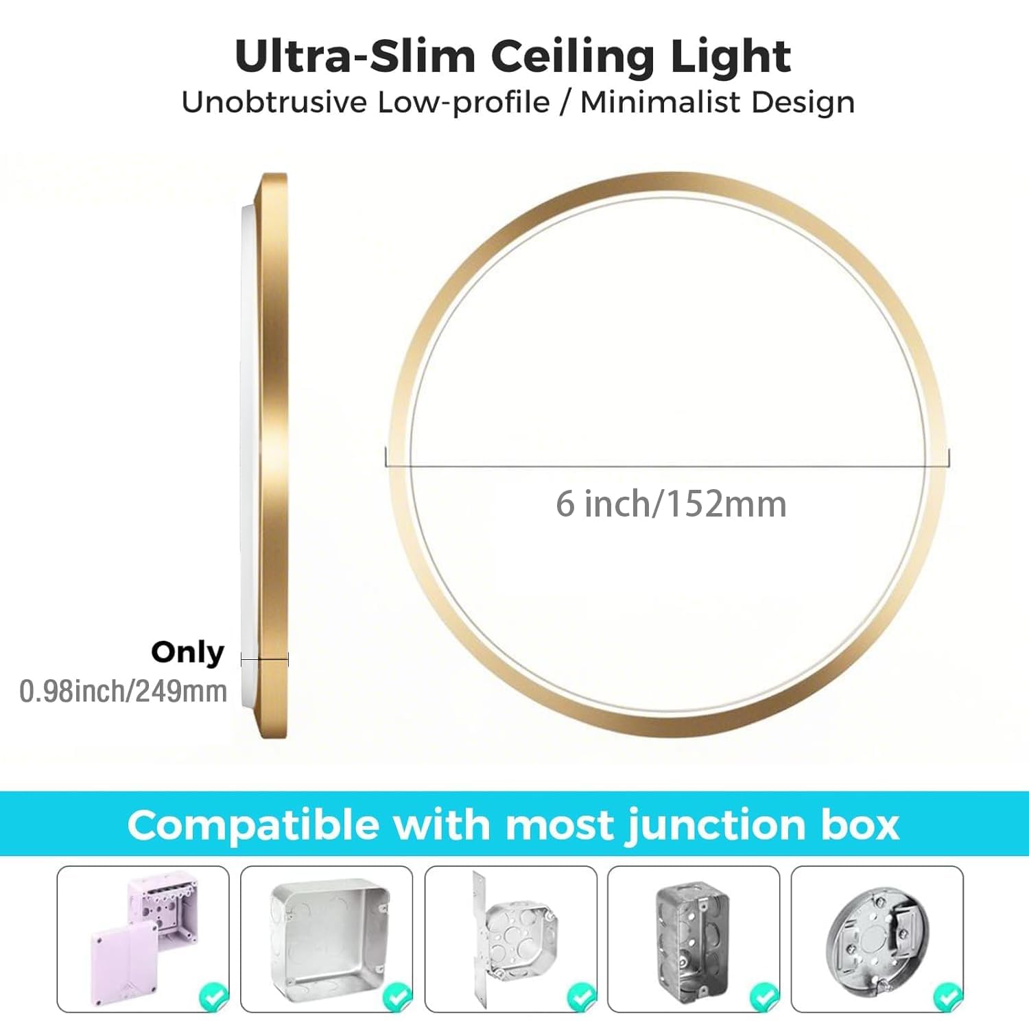 zemty LED Ceiling Light Fixture, 12W 1200lm, 6.5-Inch, Adjustable 3000K-6500K, Round Flat Recessed Lamp, Gold,