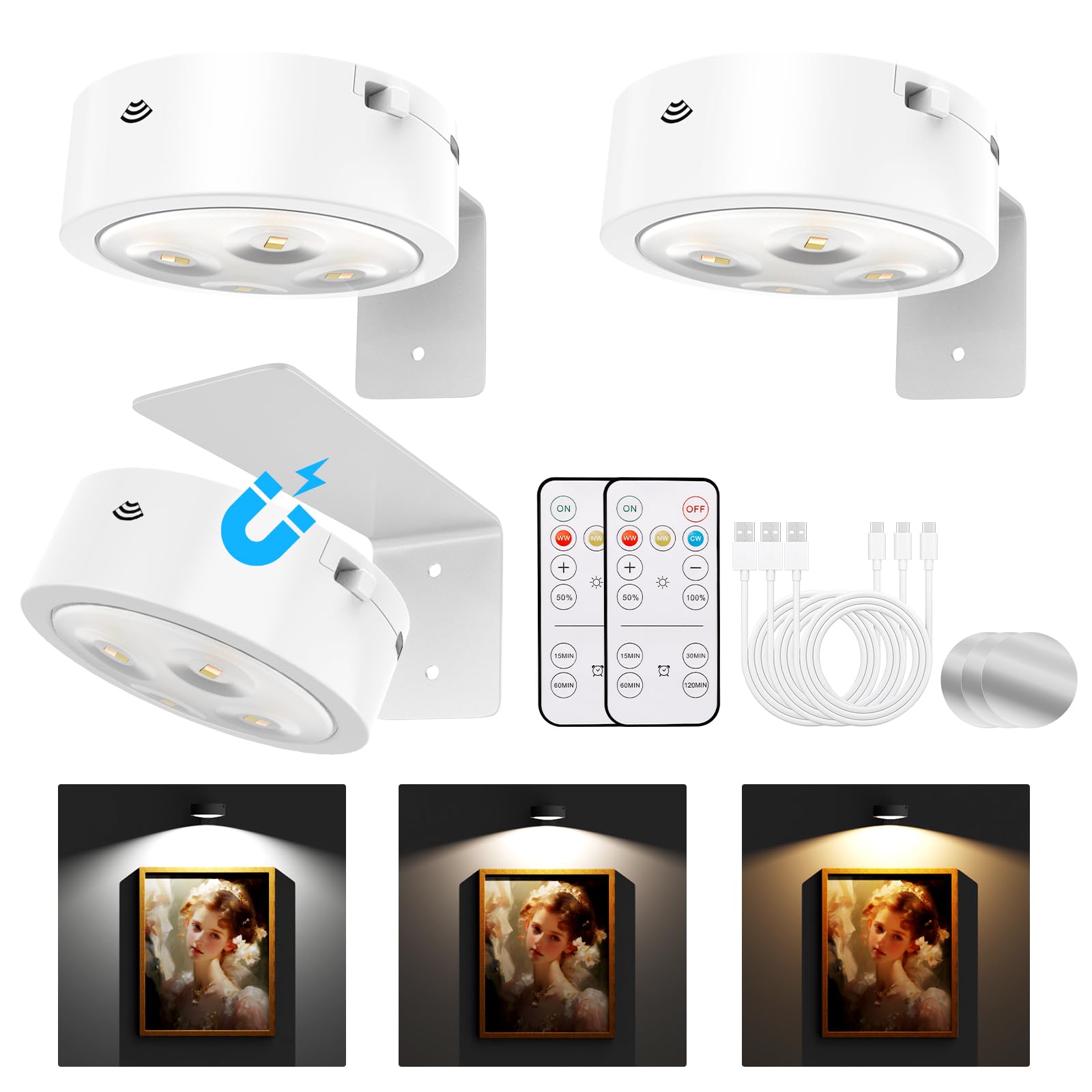 Tututry Picture Lights, Wireless Magnetic Art Display, Rechargeable, Dimmable, Timer, 6Pack, White, Model QBHD001