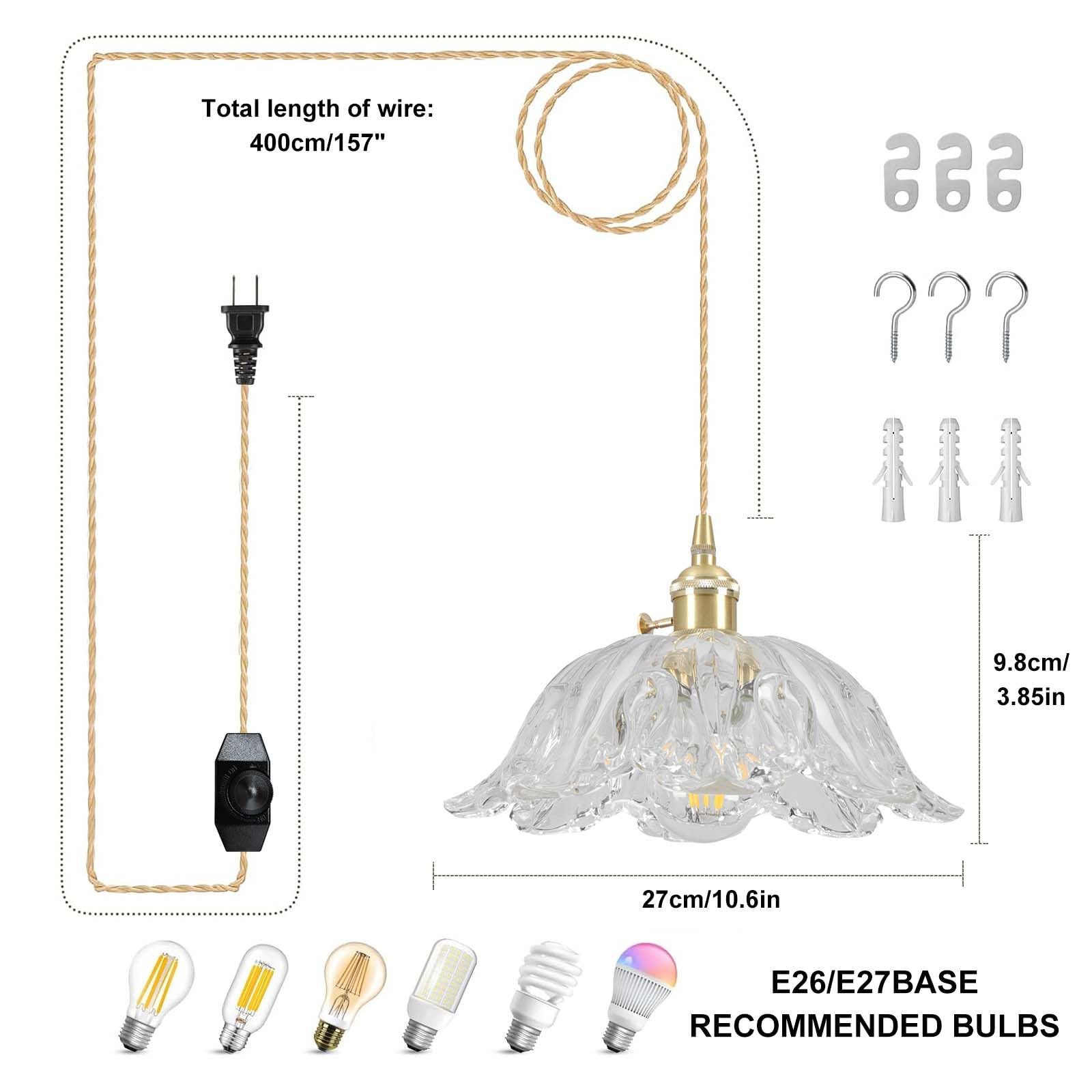 Loiogohot Plug In Pendant Light Fixtures Hanging Light Fixture Transparent Glass Pendant Light 10.6In E26 Pendant Lighting For Kitchen Island  Bedroom  Dining Room  Living Room