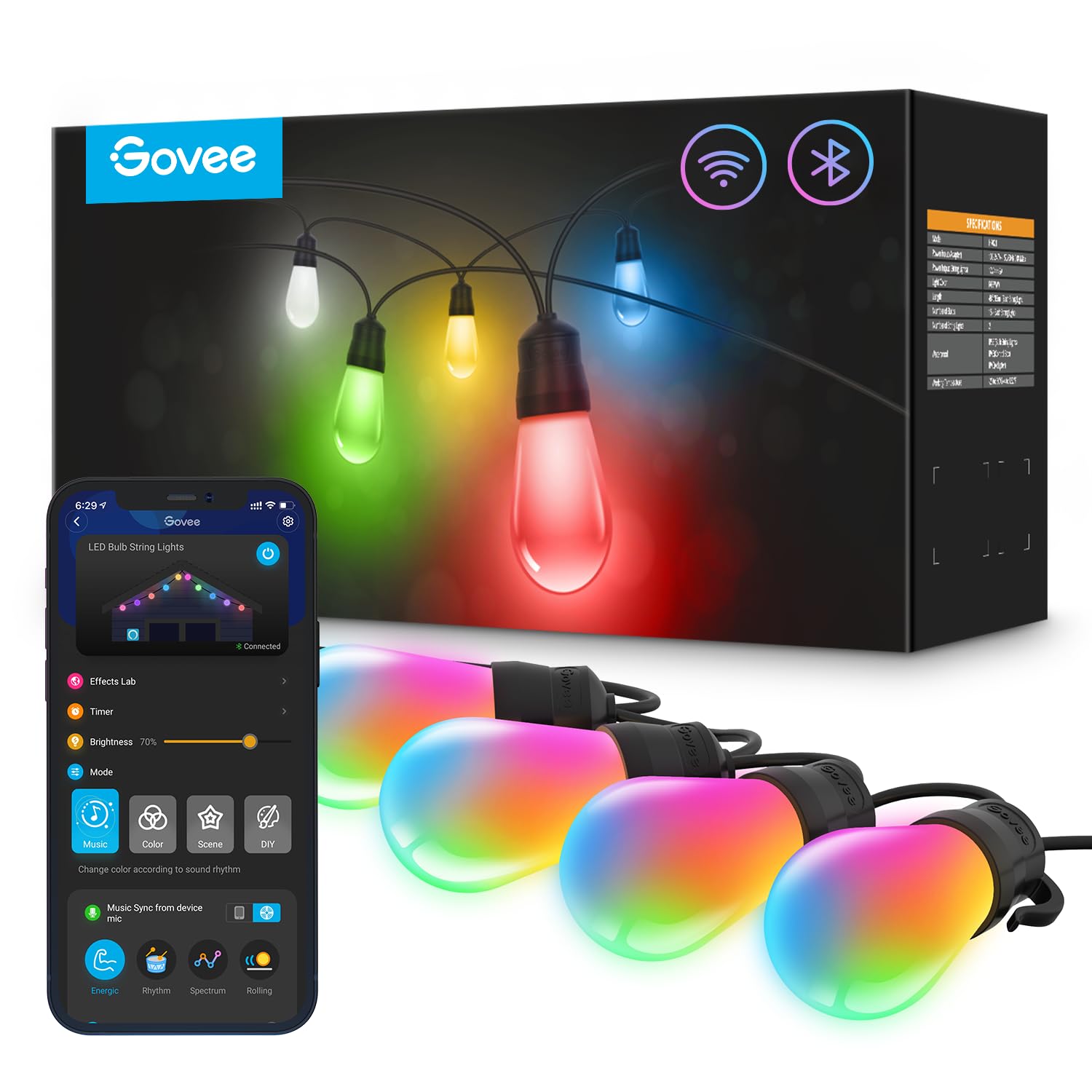 Govee Smart Outdoor String Lights, RGBIC, 96ft, IP65 Waterproof, Dimmable, Black/Clear, Model H7021, Alexa & APP Control