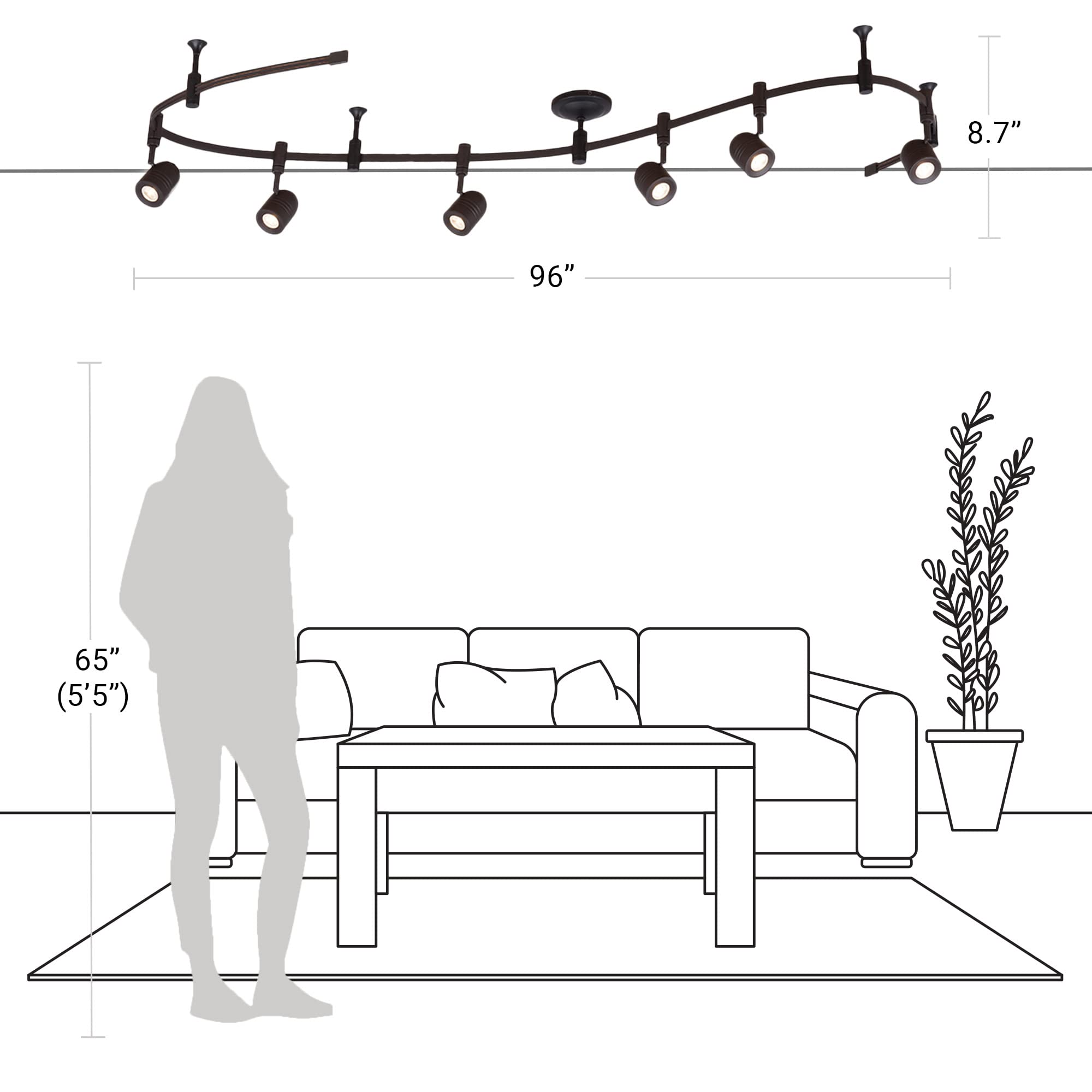 Catalina Lighting 96" 6-Light Integrated Led Flex Track Spotlight Ceiling Light, Oil Rubbed Bronze, For Kitchen, Living Room, Home Lighting