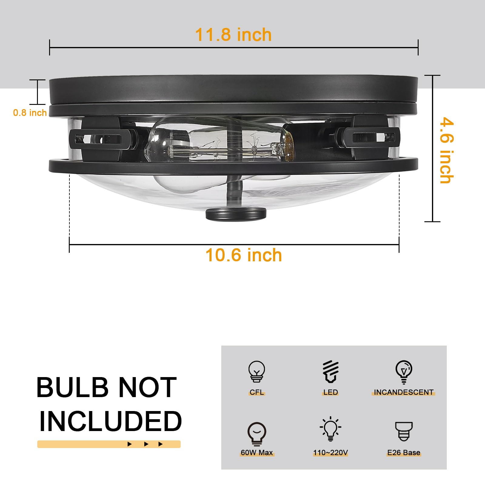 Darkaway 12-Inch Black Metal Ceiling Light Fixture with Clear Glass Shade, 2-Light for Indoor/Outdoor Use