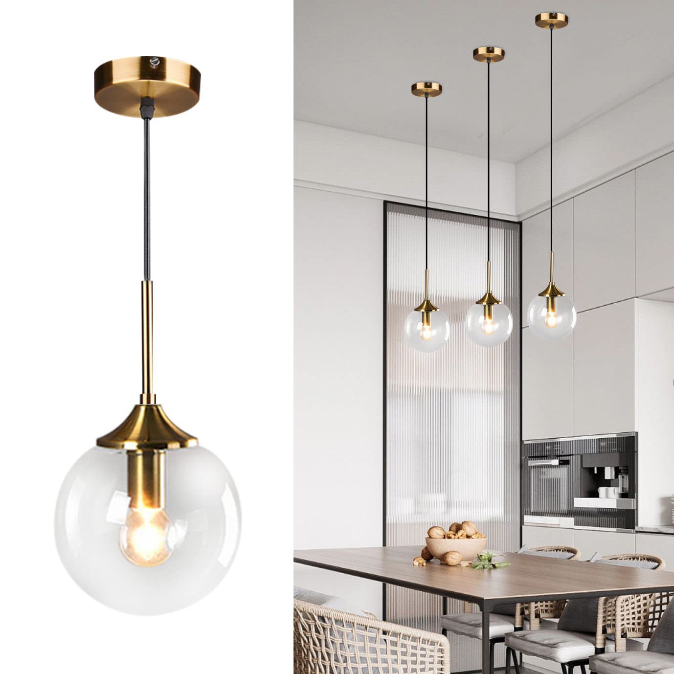 KCO Lighting Clear Glass Globe Pendant Light Fixture, 1-Light Mid Century Modern for Bedroom, Kitchen, Living Room