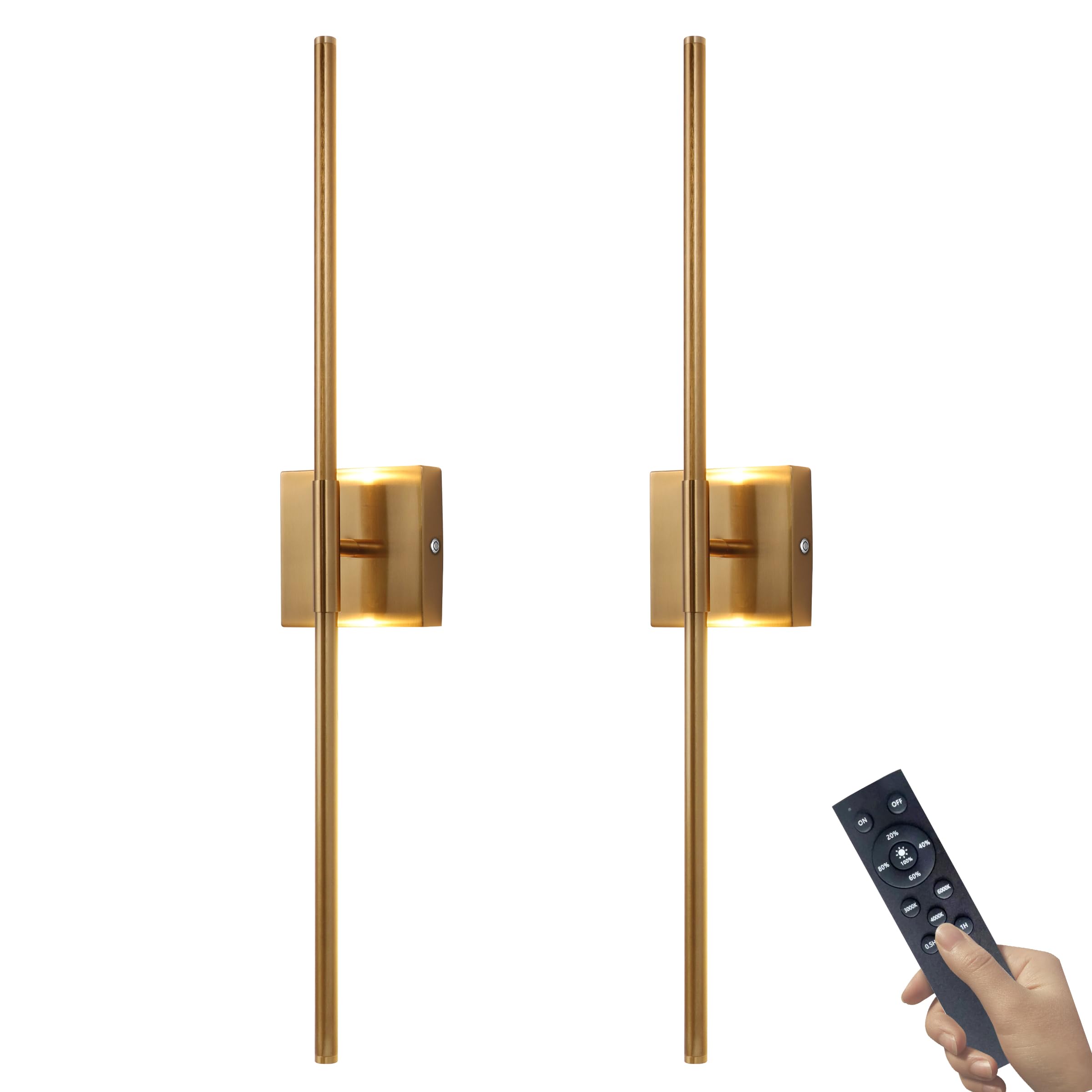 15800 mAh Battery Operated Wall Sconce with Remote Control Dimmable Wall Sconce Set of Two 3000K LED Brass Gold Wireless Wall Li