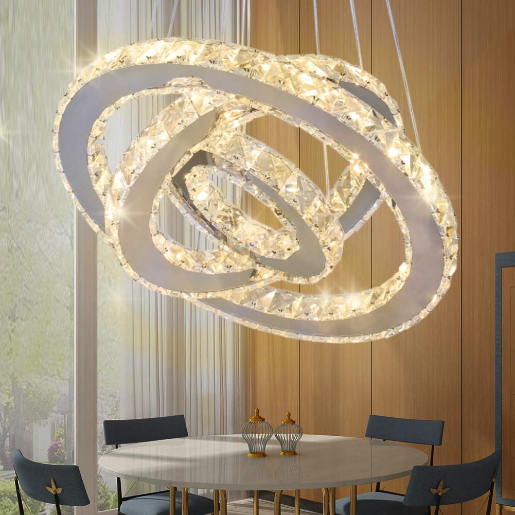 Cainjiazh Modern LED Crystal Chandelier Pendant Light, 3 Ring, Warm Light, Stainless Steel, Model US-234-MP004, for Living Room, Dining Room