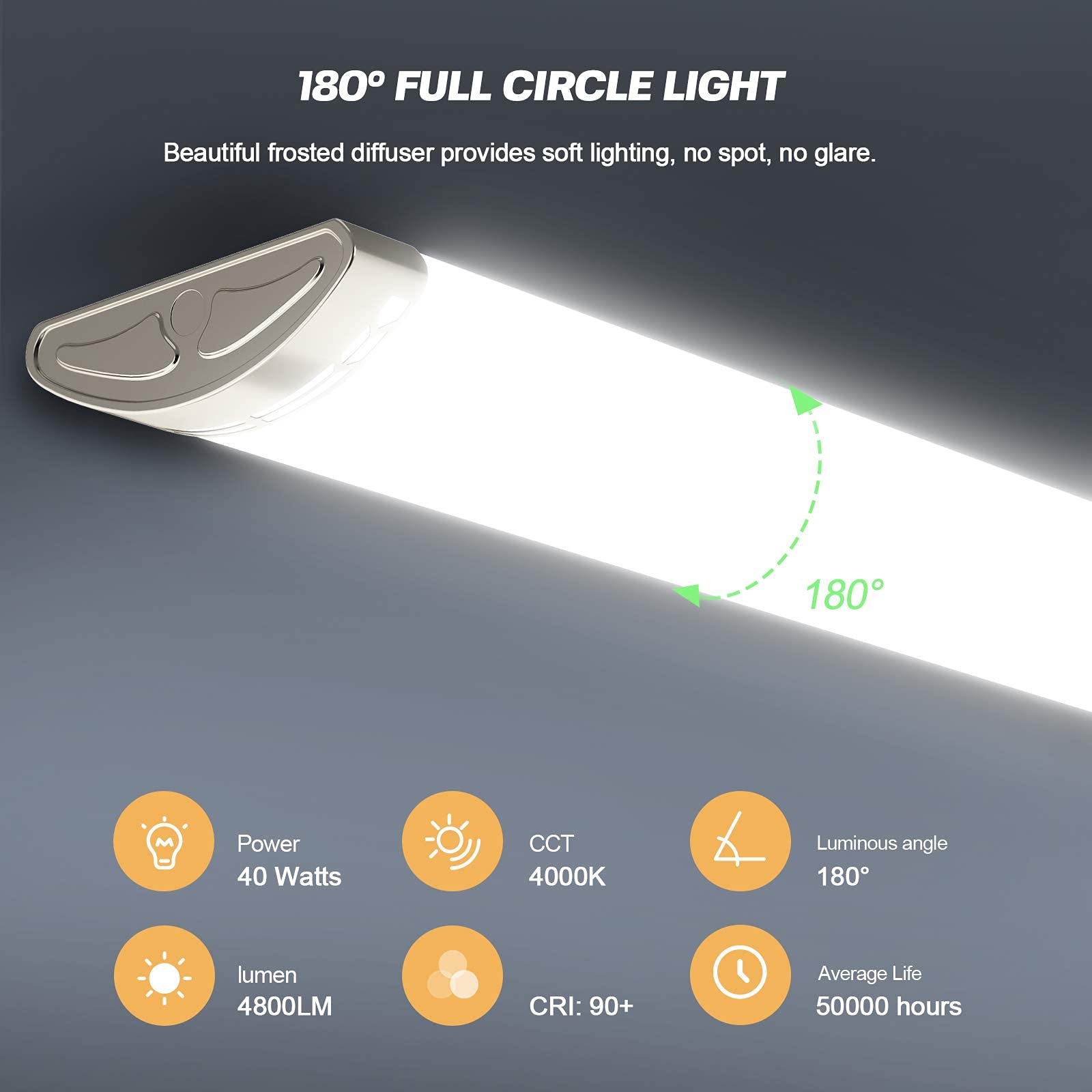 TychoLite 4FT LED Kitchen Puff Ceiling Light, Dimmable 40W, 4800LM, Aluminum, T-6IN-4, Flush Mount, 4 Pack