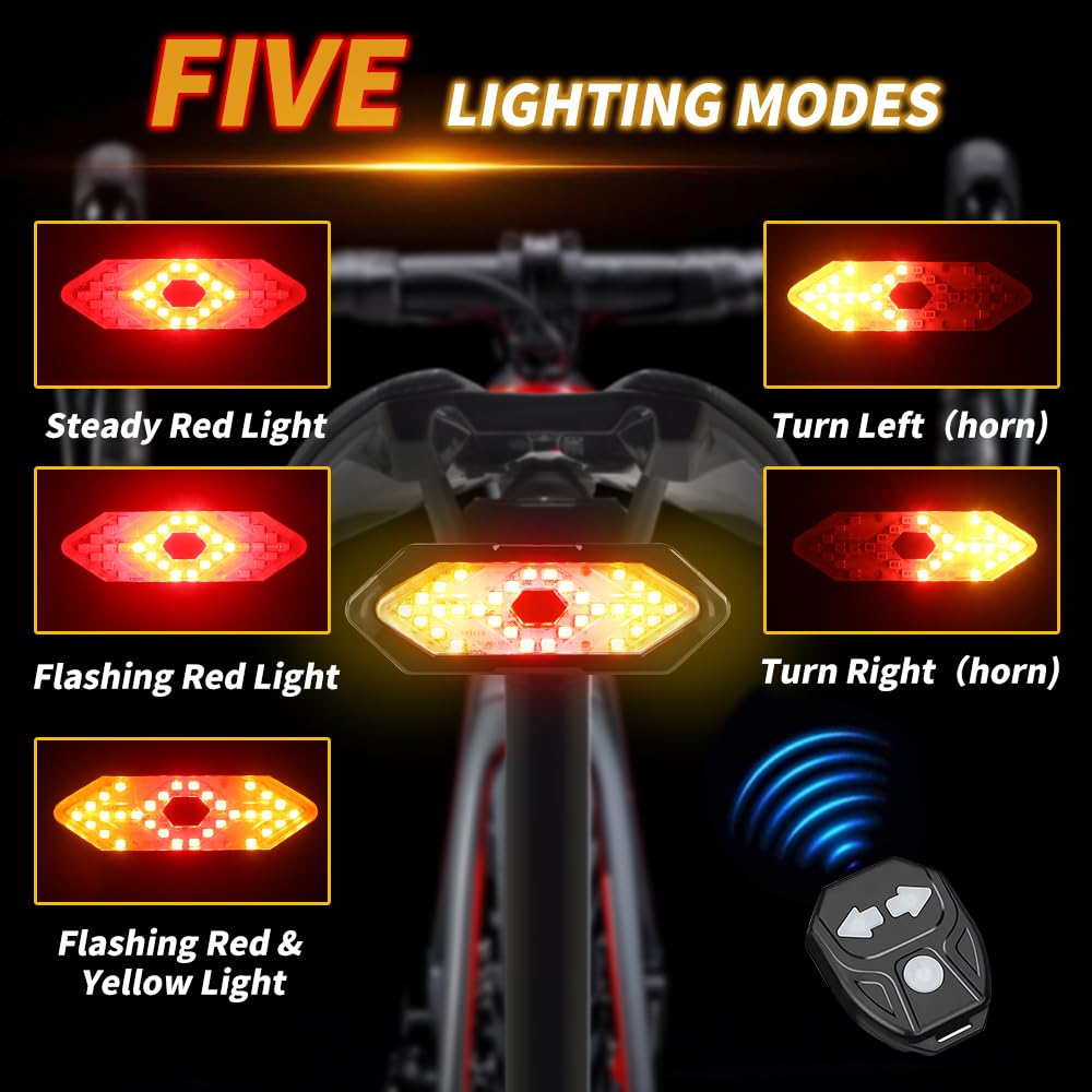 Teguangmei Bike Tail Light with Turn Signals, USB Rechargeable Rear Bike Light Wireless Remote Control with Bike Alarm, 5 Modes
