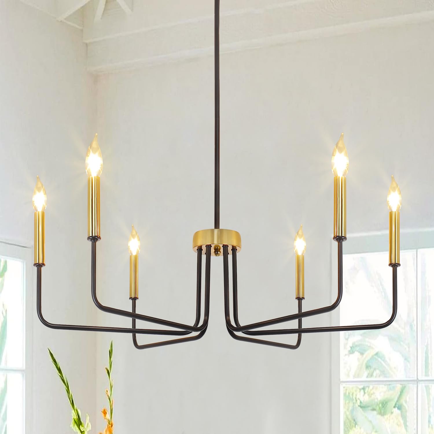 Rviezza Modern Black and Gold Chandelier, 6-Light Metal Dining Room Light Fixture, Candle Chandelier Light Fixtures Modern Farmh