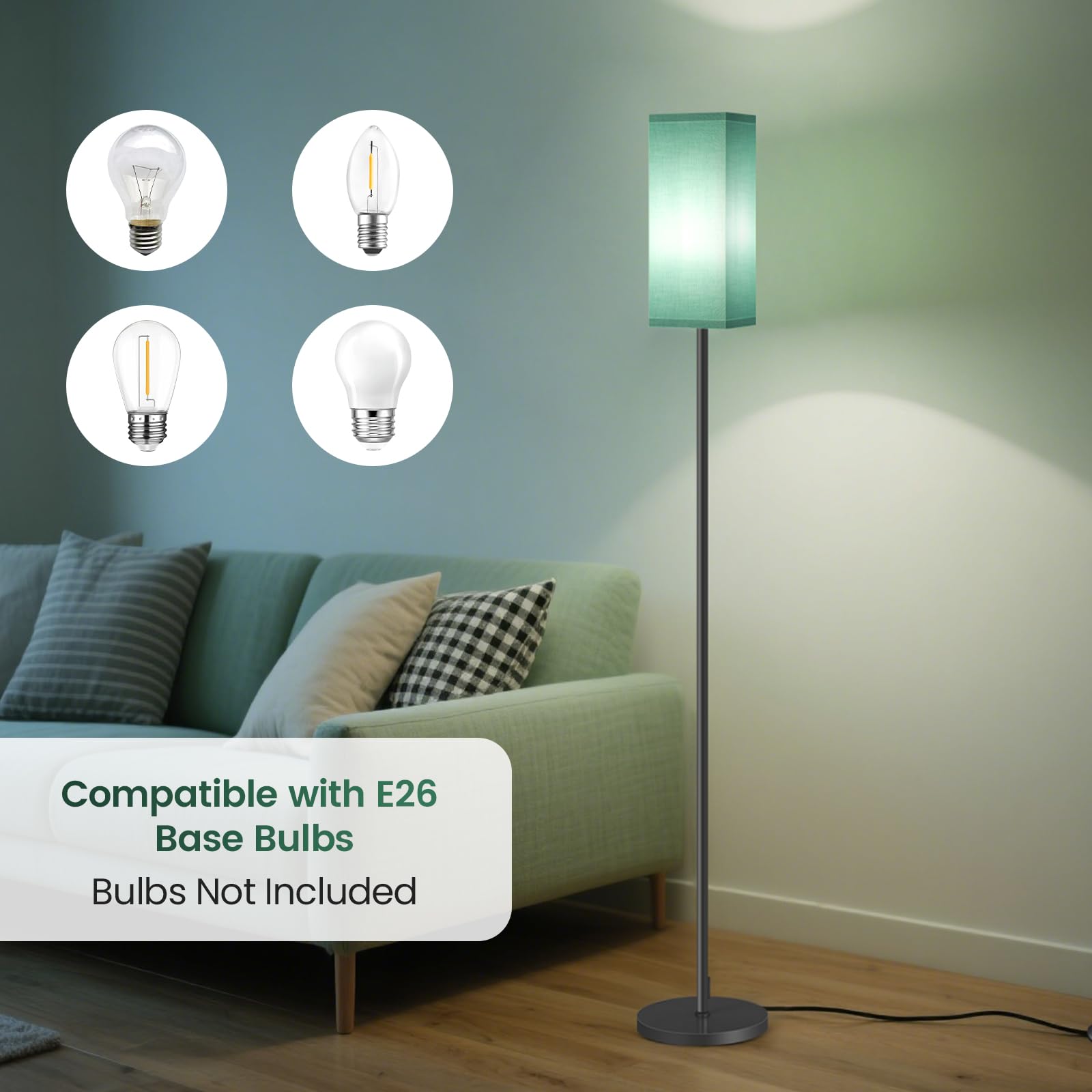GOEBLESON 64.6" Modern Floor Lamp, Black & Green, Metal, ETL Listed, with Foot Switch, Model J07LD05 for Living Room & Bedroom