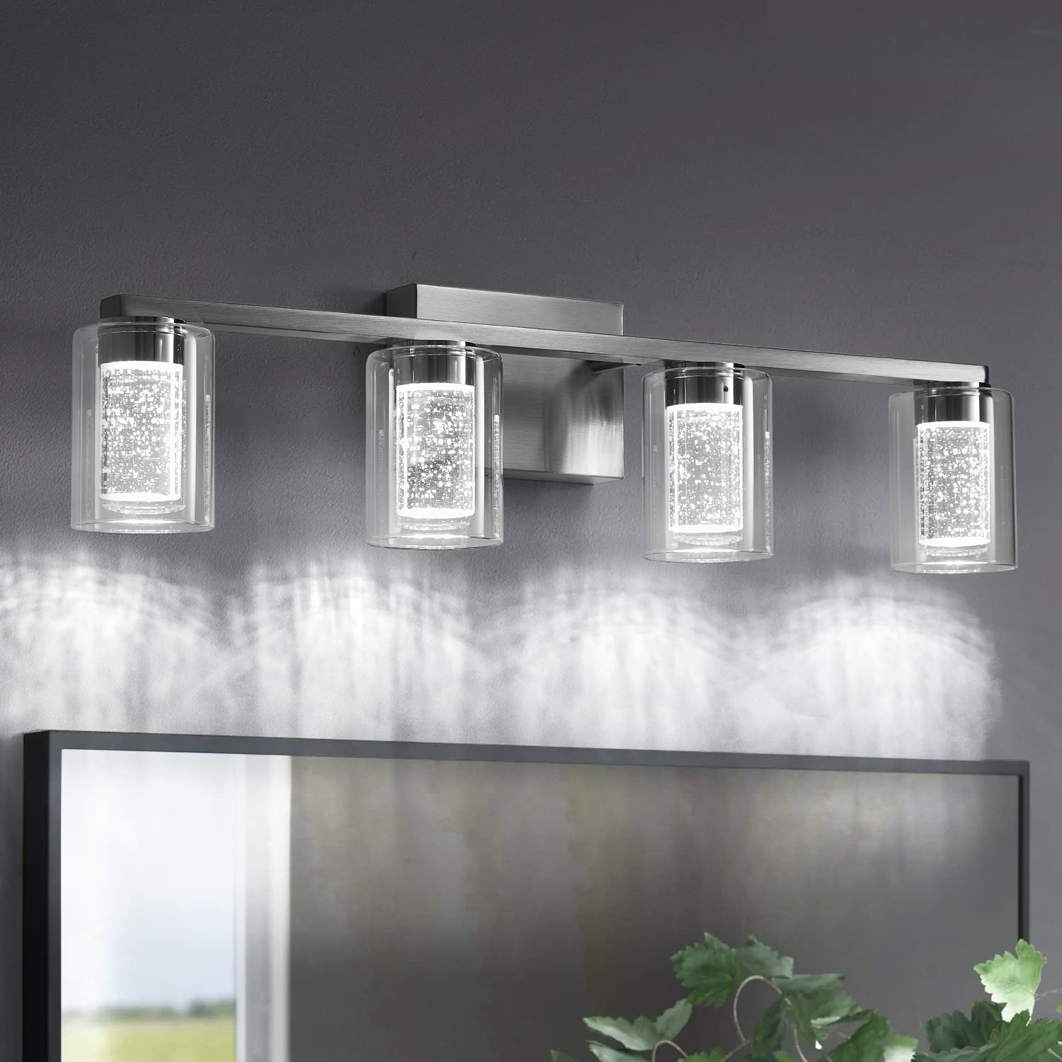 Stambord Bathroom Light Fixtures, 4 Light Brushed Nickel Vanity Light, Dimmable with Crystal Bubble Glass, Model B90-04-SB