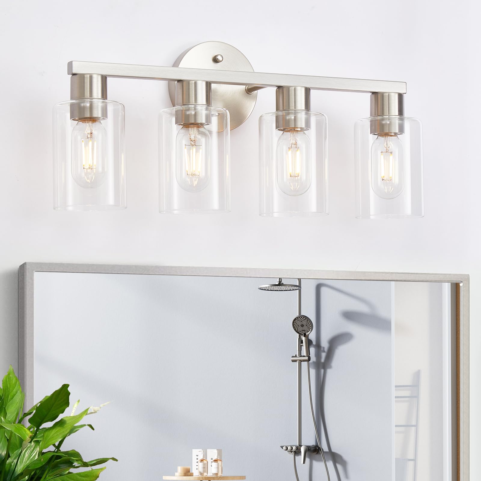 4 Light Bathroom Vanity Light, Farmhouse Bathroom Light Fixtures With Clear Glass Shade, Brushed Nickel Lights For Vanity Mirror
