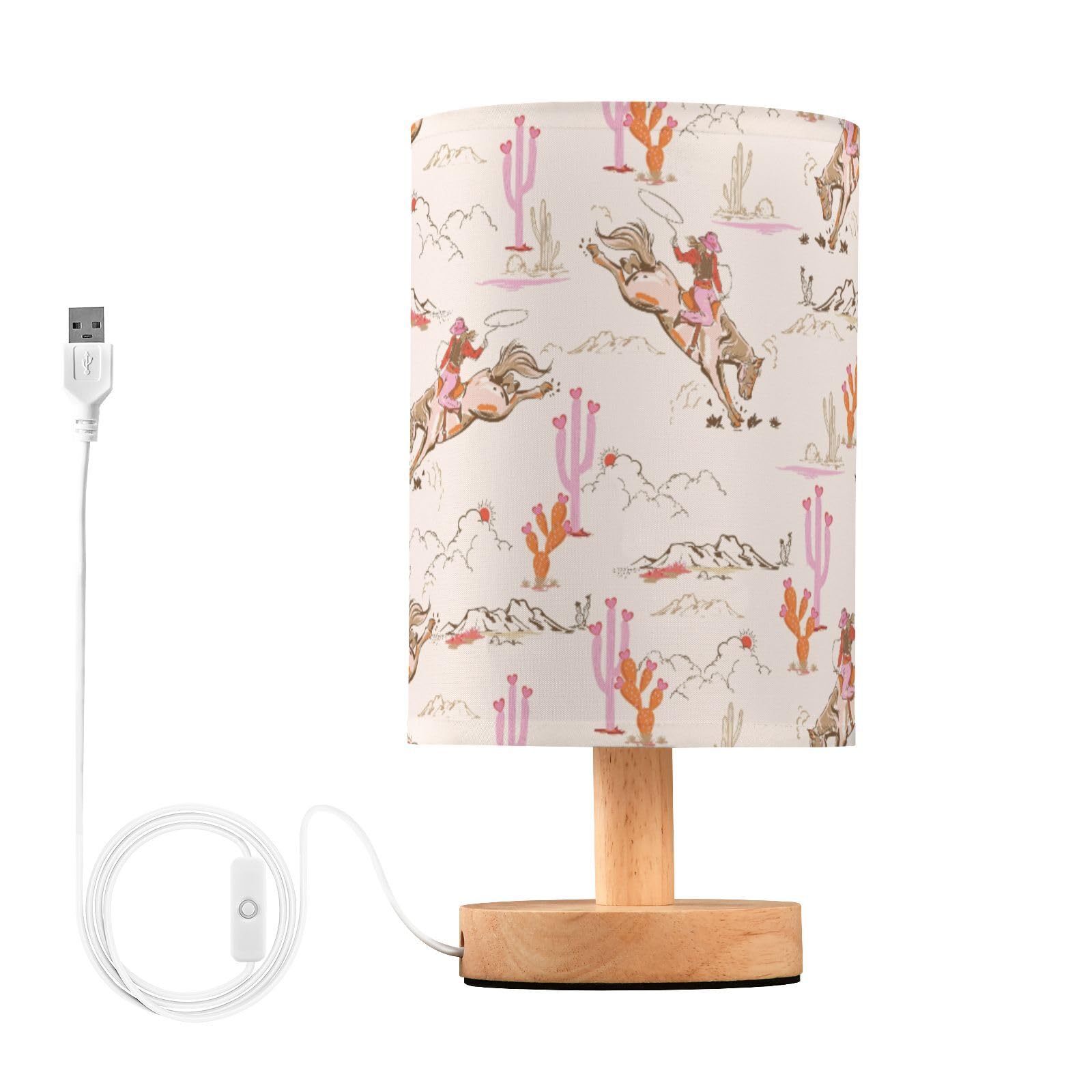 Goodold Cute Rodeo Cowgirl Led Table Lamp - Modern Minimalist Bedside Lamp With Round Flaxen Fabric Shade For Nightstand, Perfec