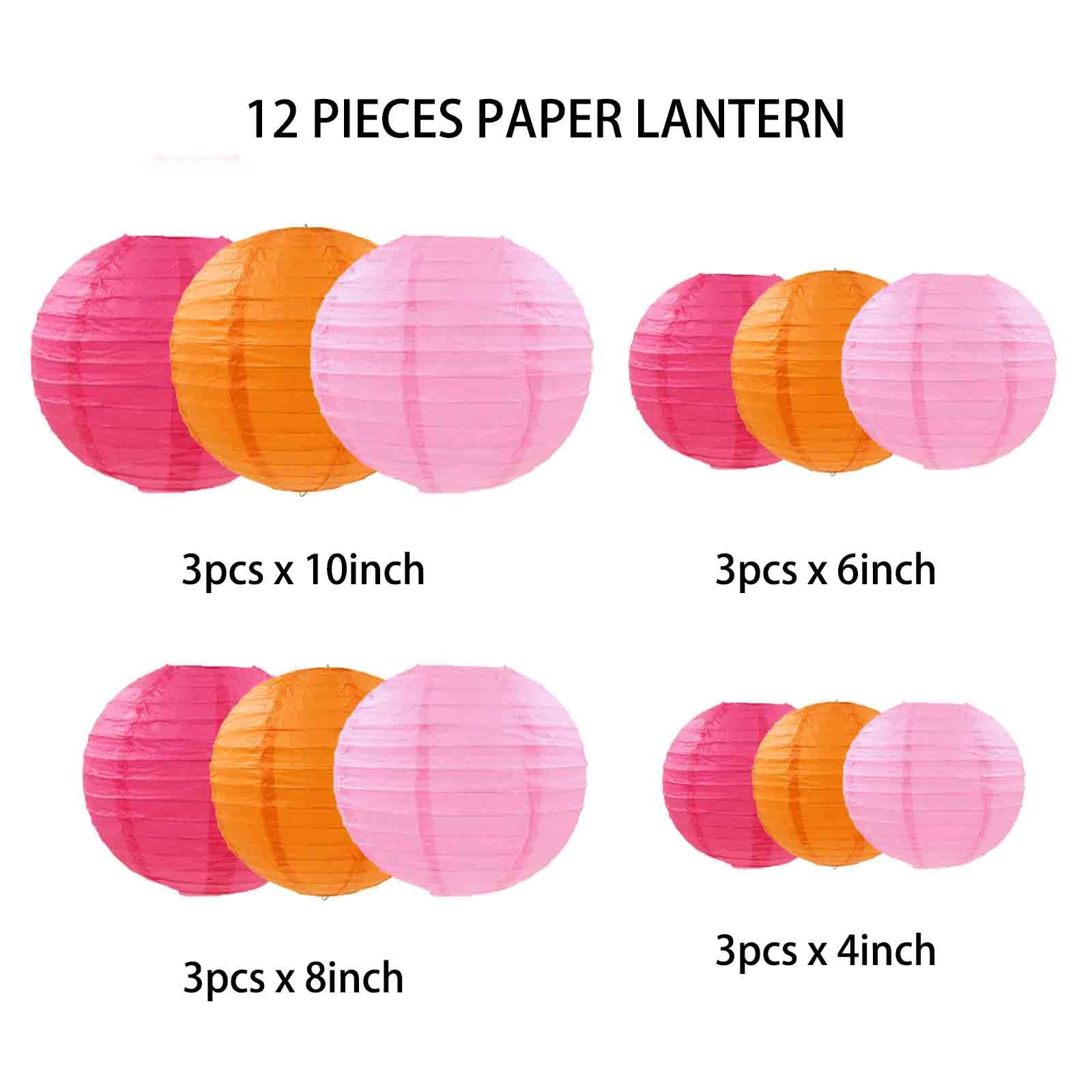 Gaka Pink Orange Paper Lanterns Decorative,12Pcs,4 Inch 6 Inch 8 Inch 10 Inch Round Paper Hanging Decorations,Chinese Lanterns L