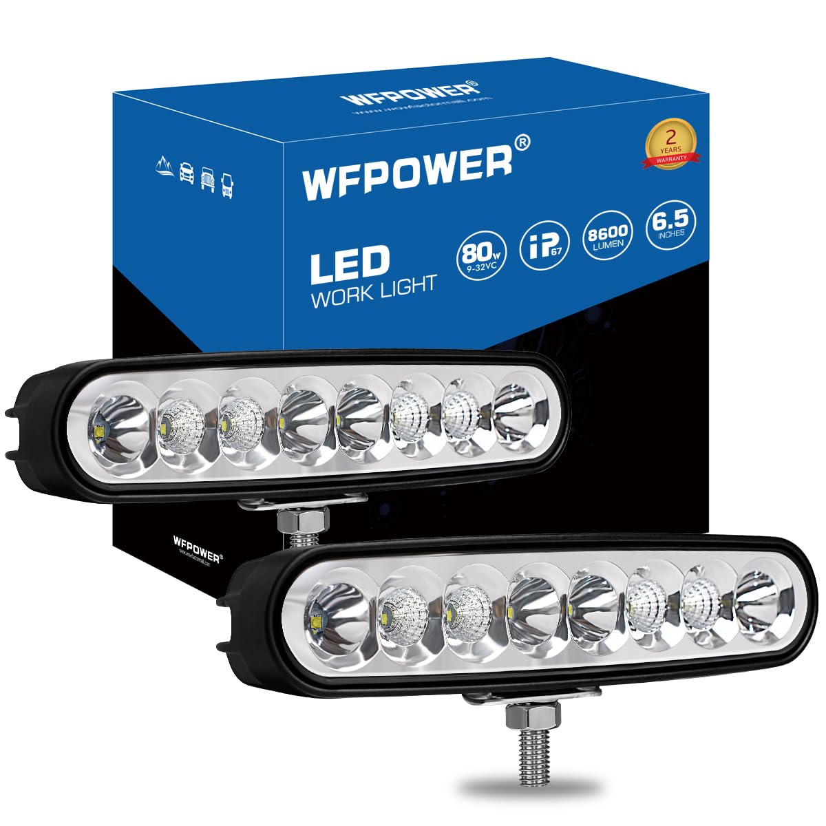 WFPOWER 2pcs Waterproof LED Boat Lights, 6.5inch 80W 8600LMS Spreader Bar Pontoon Boat Accessories, T-Top Flood & Spot Deck Ligh
