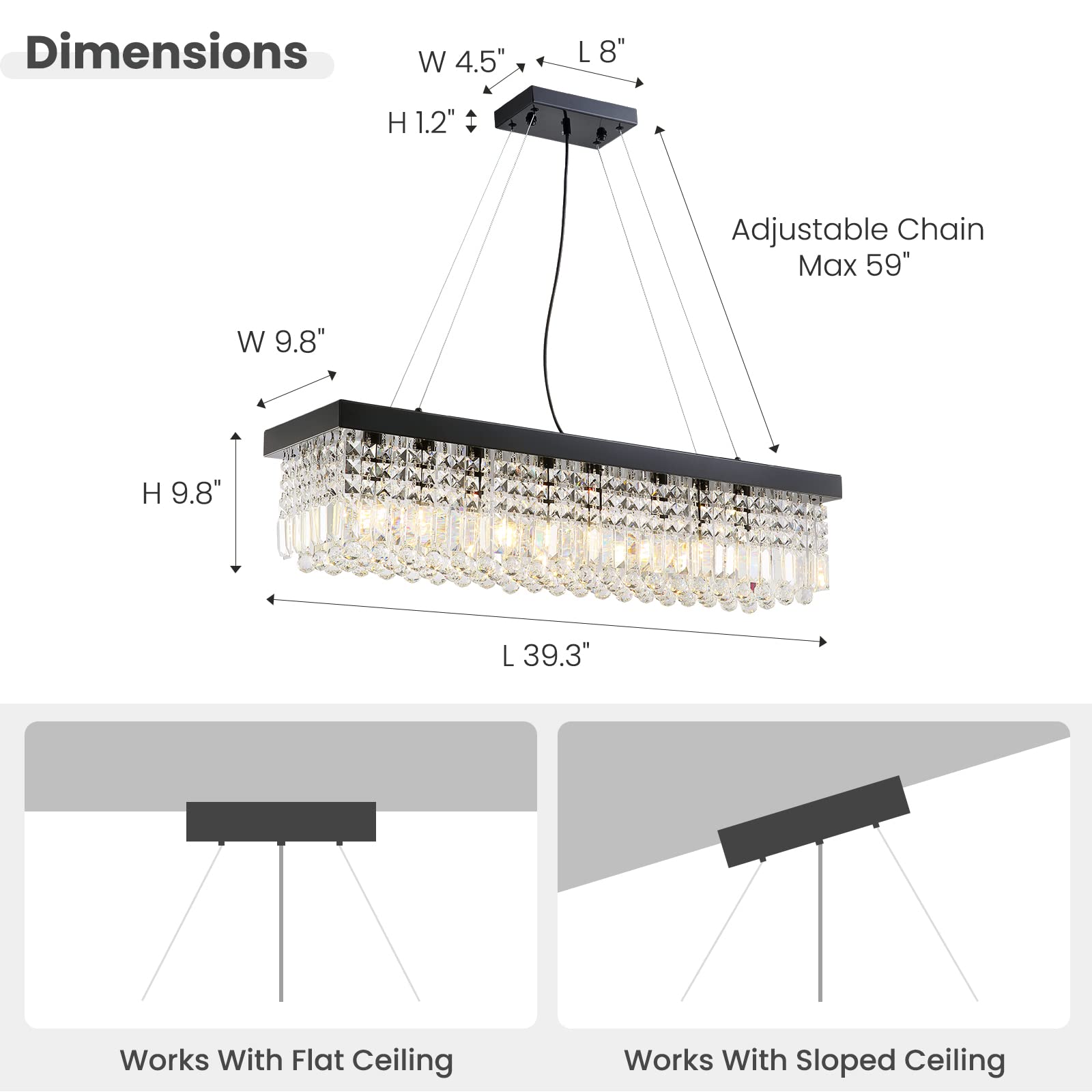 7Pm K9 Crystal Chandelier - Modern Rectangular Pendant Lighting, L40 X W10 X H10, Black Stainless Steel, Model Cl010842