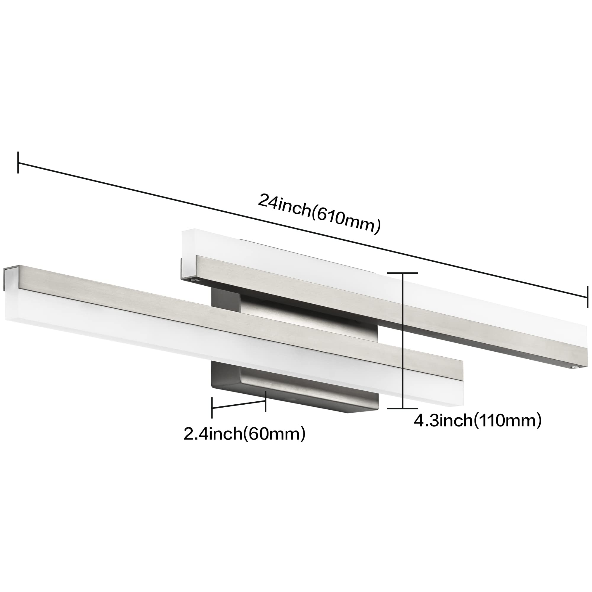 PRESDE Modern Vanity Light Bar, 24inch Dimmable Brushed Nickel, Metal & Acrylic, Model 6660-610mm