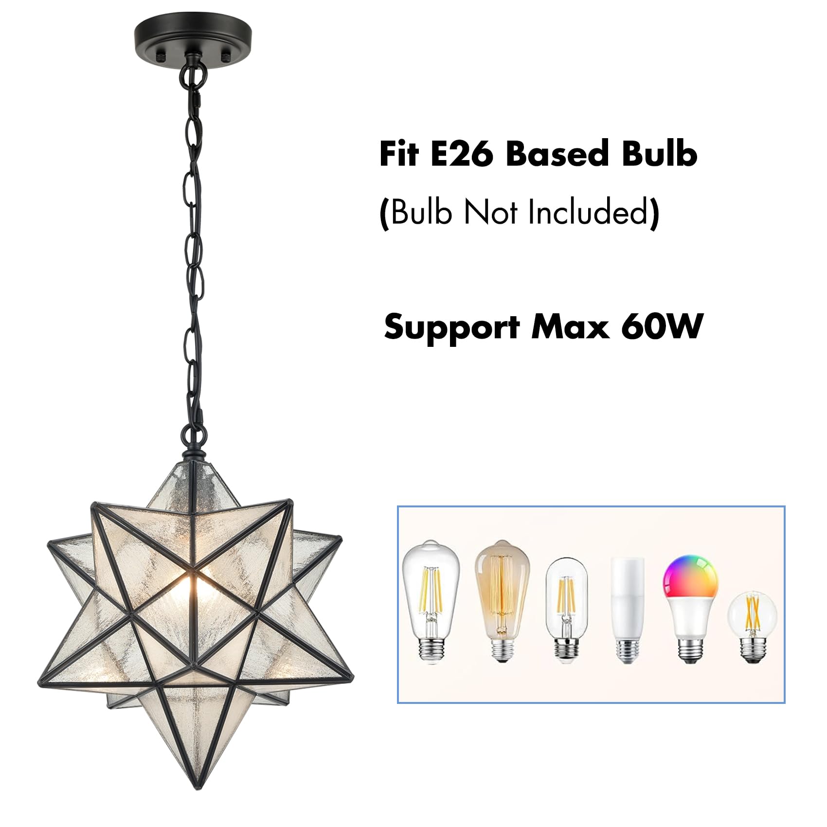 CLAXY 14in Moravian Star Pendant Light Seeded Glass Metal Hanging Chain TB5088DU-35QP