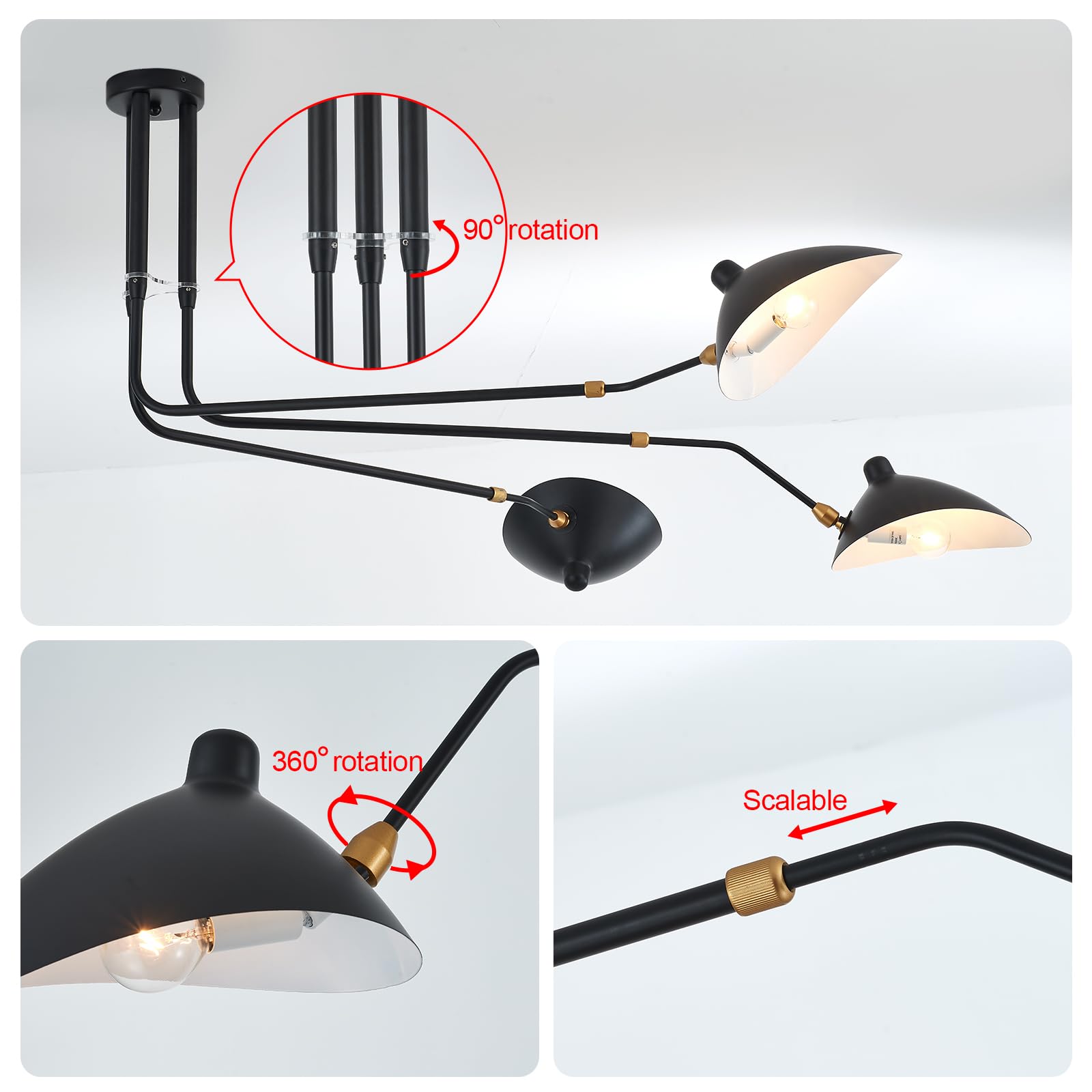 Mhytogn 85'' Mid-Century Chandelier, Matt Black Finish With Adjustable 3-Arms Large Pendant Lighting Fixture For Dining Room Liv