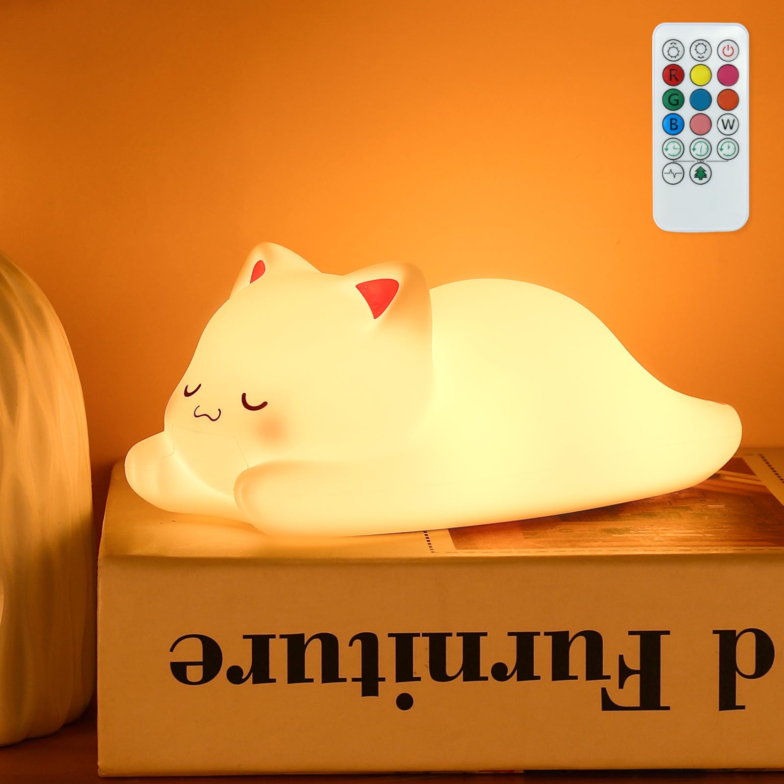 Loveruis Cute Night Light For Kids Cat Night-Light Baby Girl Squishy Nightlight 1/3 Hour Timer Kitty Light Dimmable Nursery Lamp Colorful Nightlight Gift For Kid Toddler Kawaii Bedroom (Cat)