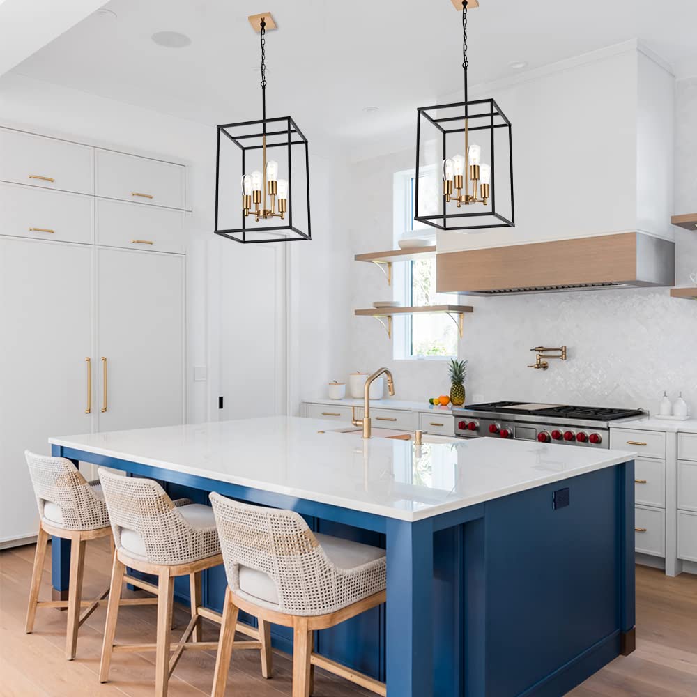 VINLUZ Retro 4-Light Farmhouse Chandelier, Metal Square Cage Pendant Lighting, Black & Brass Finish for Dining Room and Kitchen Island