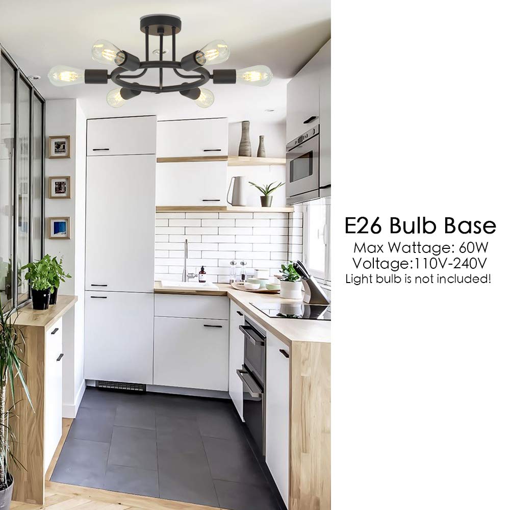 BONLICHT 6-Light Sputnik Chandelier, Black Metal Semi Flush Mount, Model 3020-6C-BL, Industrial Starburst Style for Kitchen/Dining Room