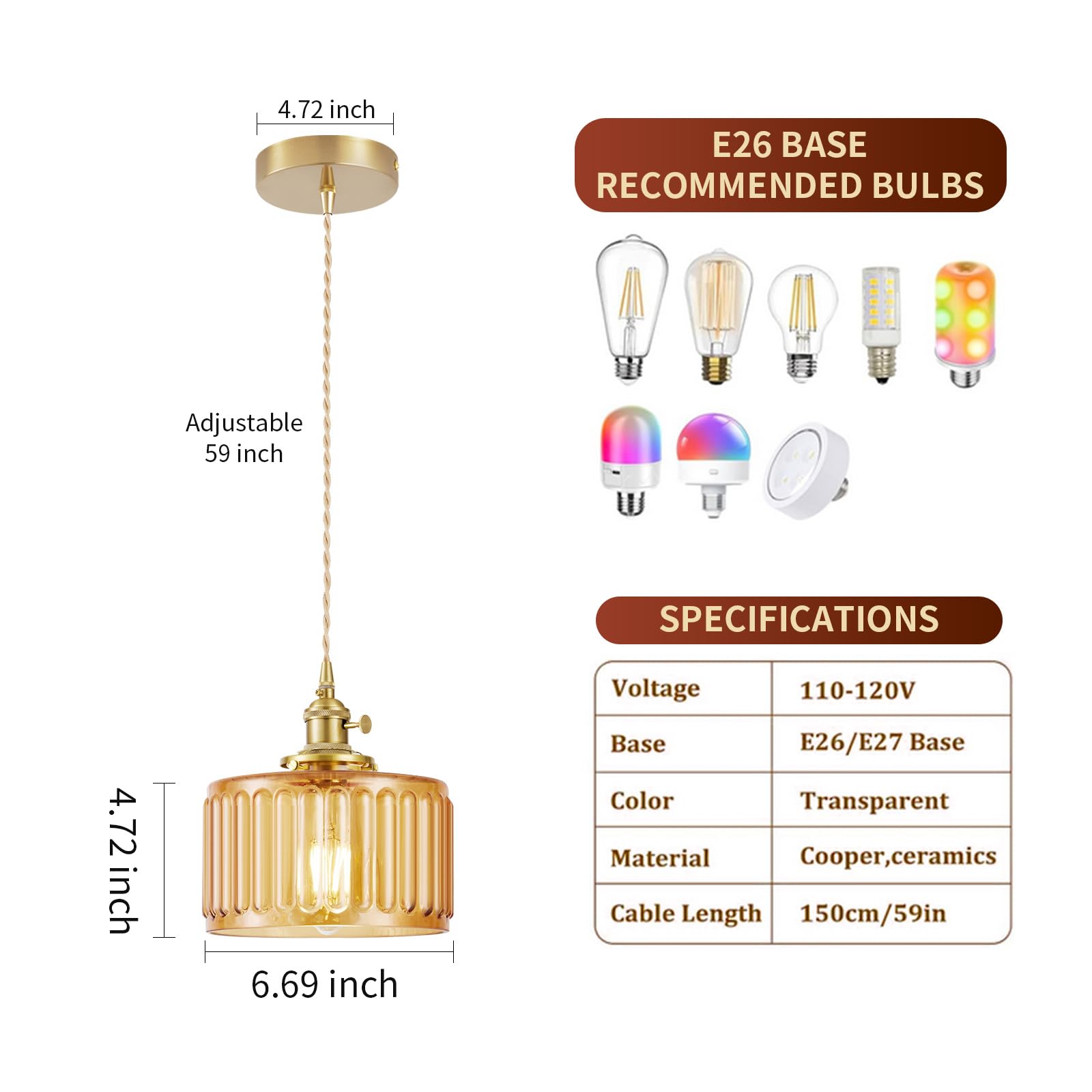 WimiSom Industrial Pendant Lighting, Modern Glass Shade, Adjustable Hanging Light Fixtures, Brown, Model Glass-005