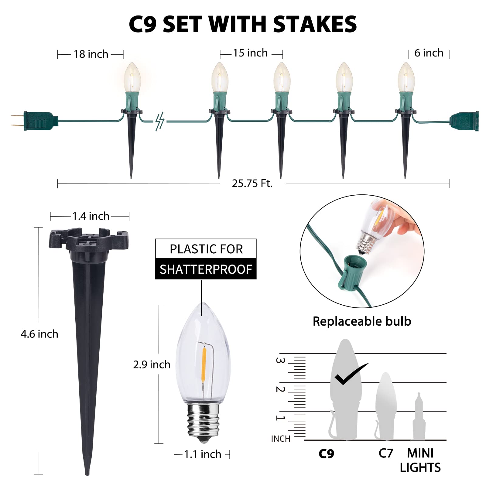 C9 Christmas Lights, 51.4Ft Christmas Pathway Lights Outdoor With 40 Led Bulbs And Stakes, Connectable Waterproof String Lights