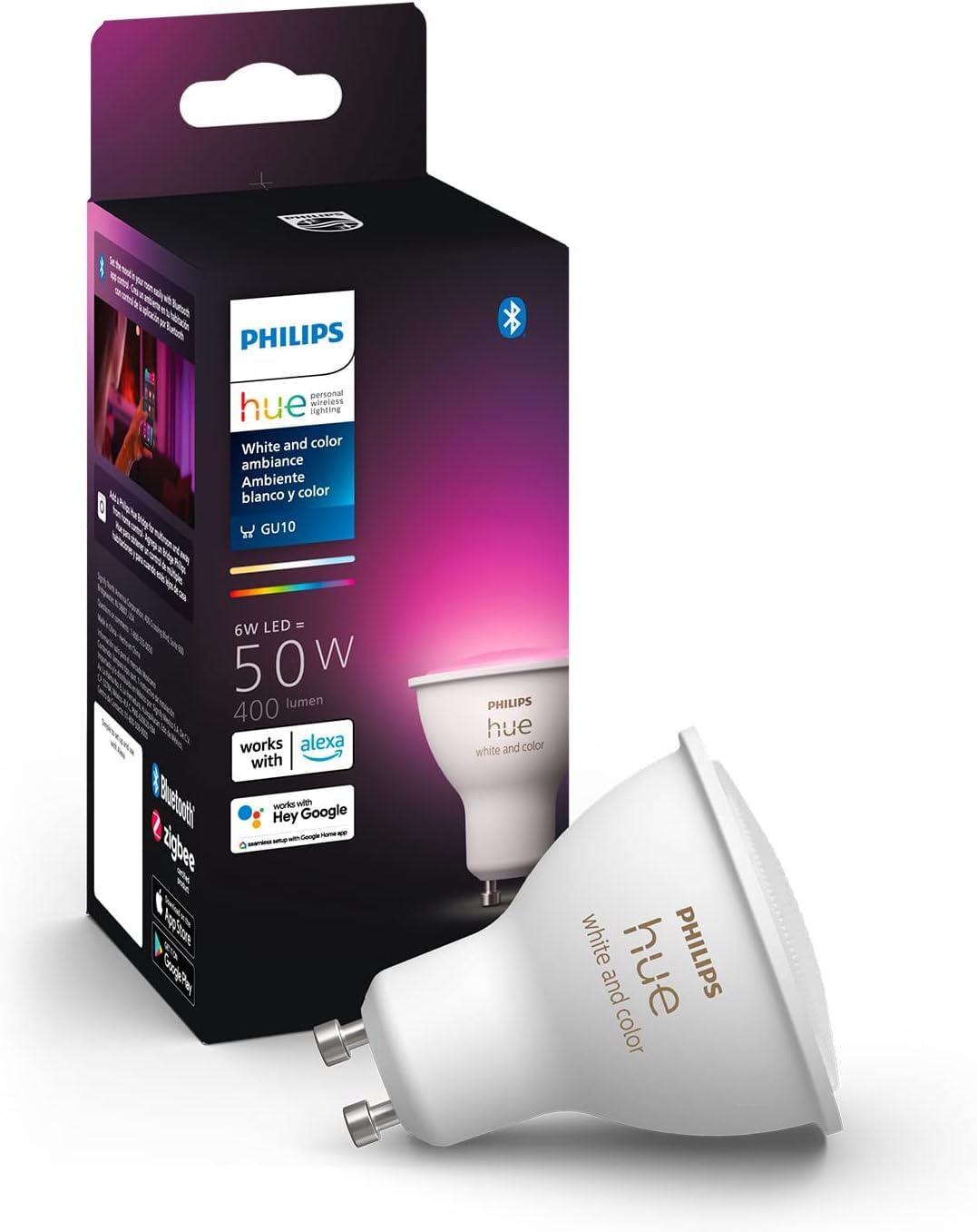 Philips Hue Smart 50W GU10 LED Bulb - White and Color Ambiance Color-Changing Light - 1 Pack - 400LM - Indoor - Control with Hue