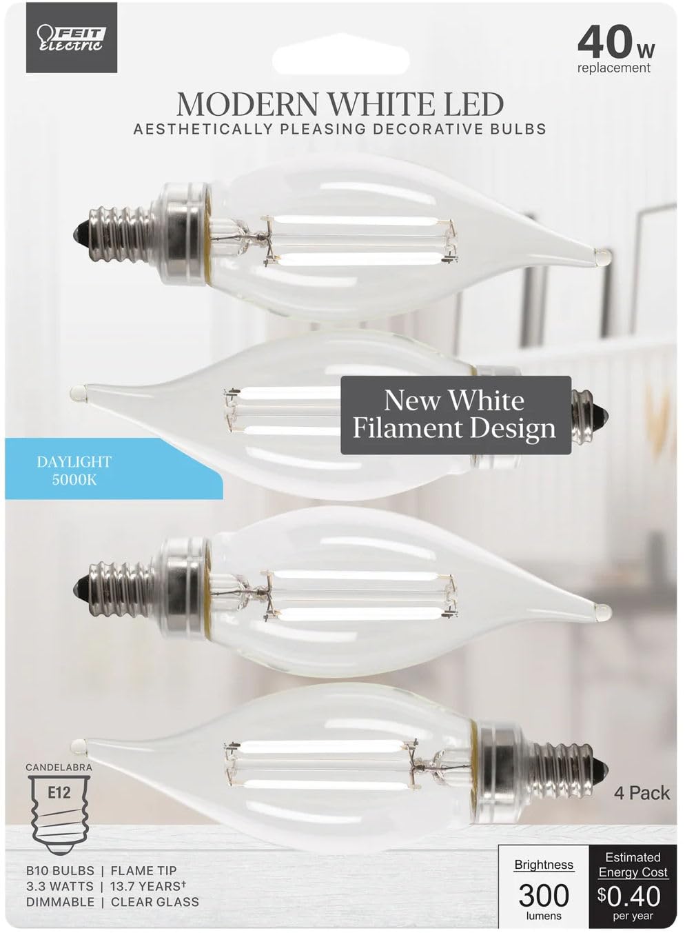 Feit Electric LED Bulb, 3.3W, 40W Equivalent, E12 Base, 5000K, 300 Lumen, Clear Glass, Box of 4, Model