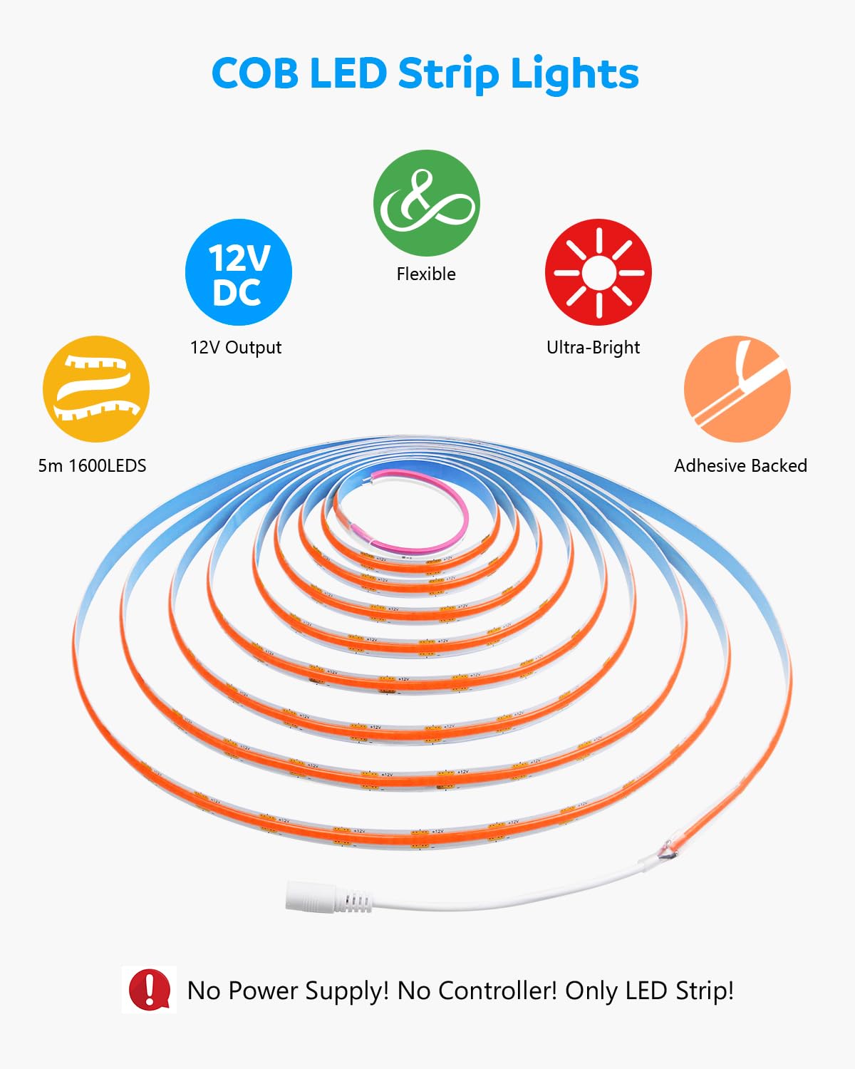 Aclorol Led Cob Light Strip 16.4Ft Red Flexible Cob Strip Lights 12V For Bedroom Tape Lighting 1600Leds/5M For Tv Cabinet Closet