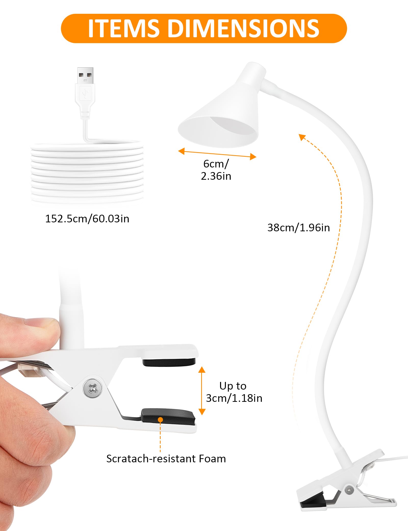 LiFMIRA Clip-On Desk Lamp, USB Reading Light, 3 Color Modes, 10 Dimmable Brightness, White, Flexible Gooseneck, Model BL07