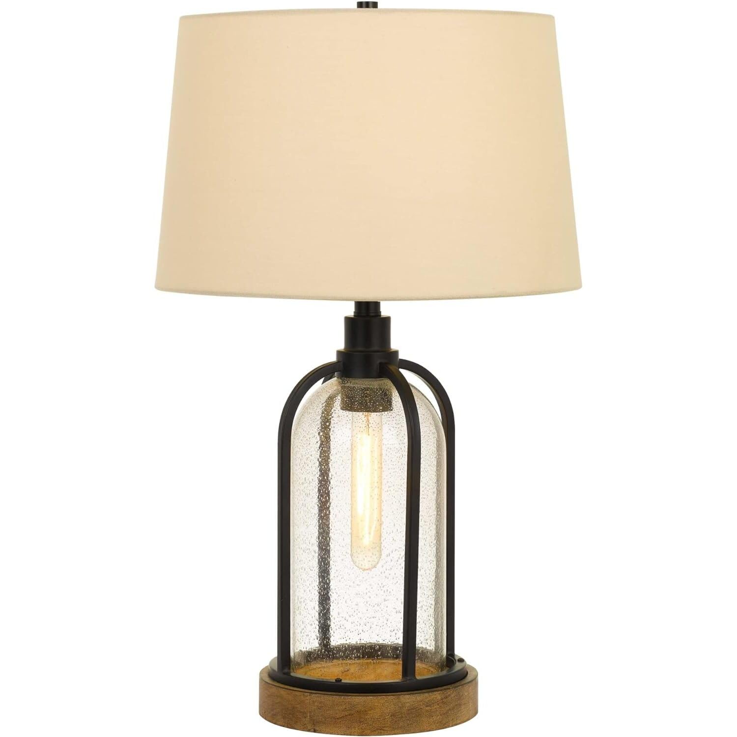 Cal 100W Table Lamp with 25W Night Light, Metal/Pine Wood, Black/Wood, Model BO-2840TB, Edison Bulb Included