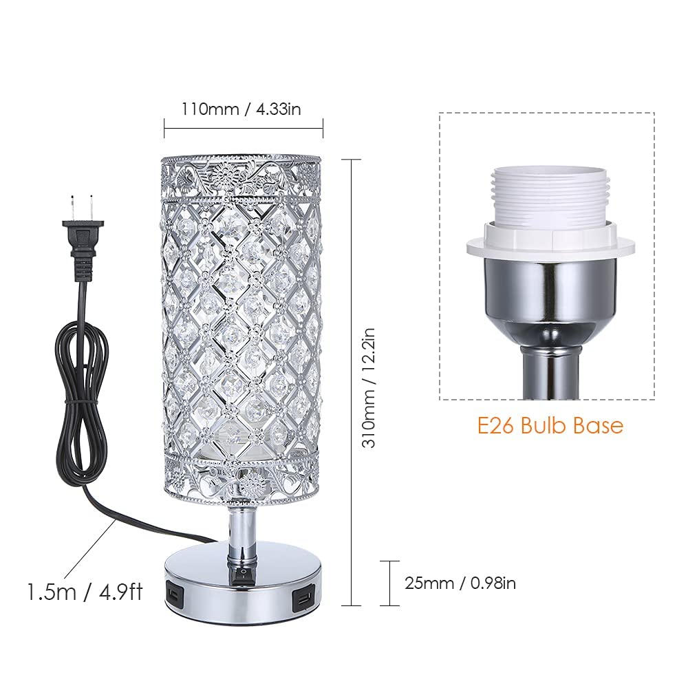 Tomshine USB Crystal Table Lamp Set of 2, Modern Silver Nightstand Lamps with USB Charging Ports, Model VC070