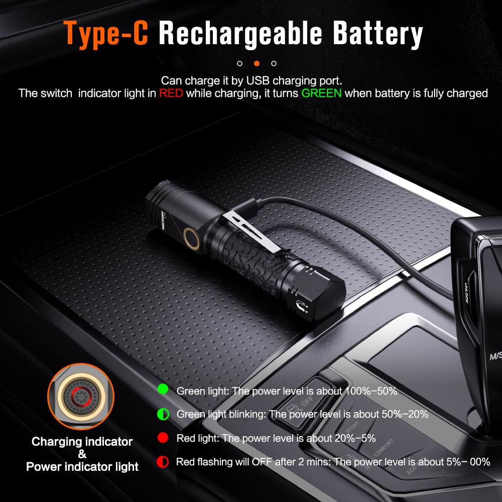 NICRON L71 Tactical Flashlight - 1800 Lumens, IP65 Waterproof, Type-C Rechargeable, Black, Small, Aluminum, 8 Modes