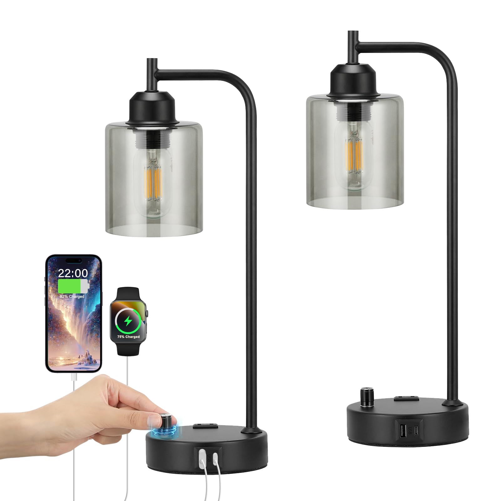 Innqoo Industrial Desk Lamps Set of 2 - Fully Dimmable, USB Ports, Black, Grey Glass Shade