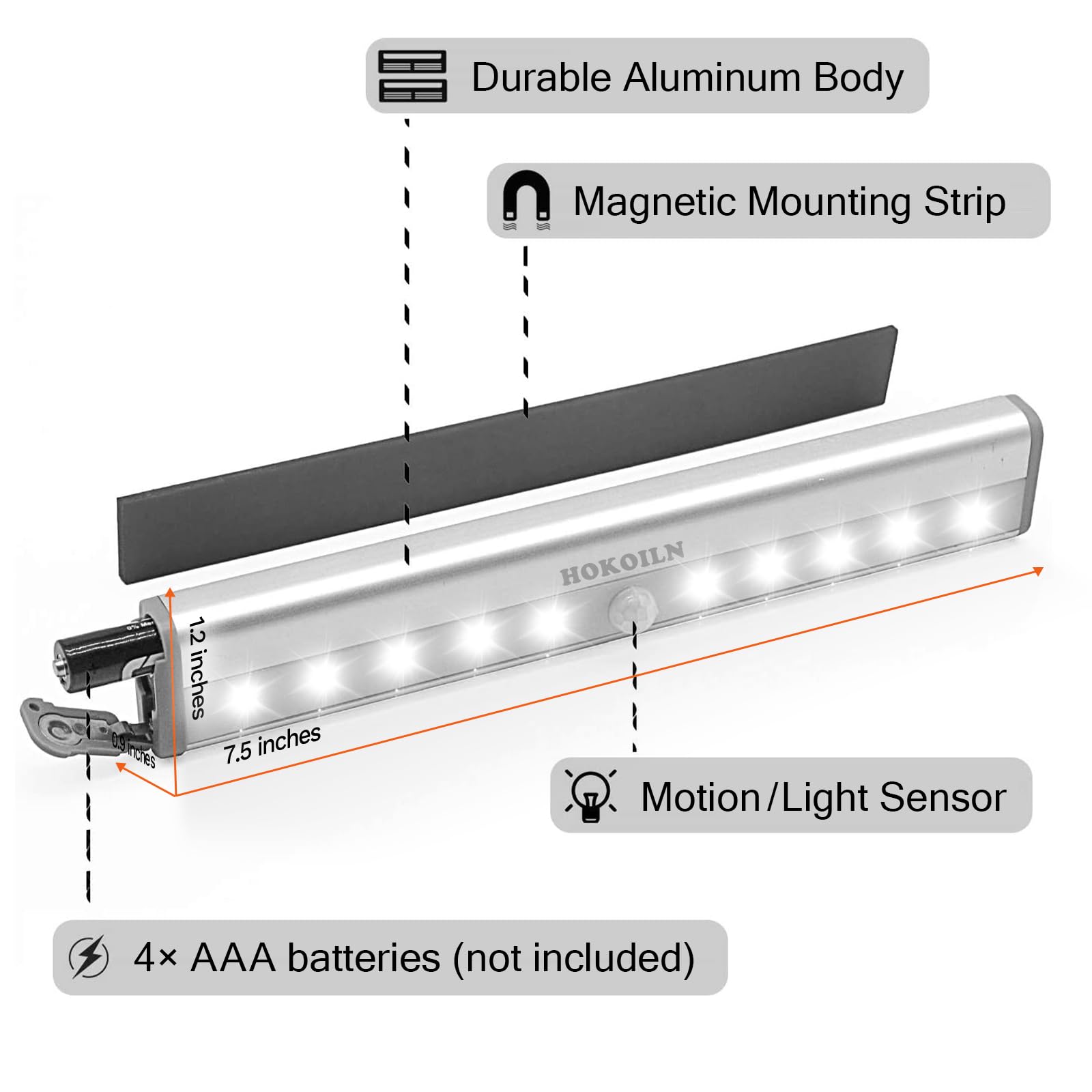 HOKOILN Motion Sensor Closet Lights, 10 LED Battery Operated Night Light Bar, 6 Pack, Aluminum, White, Model 5833