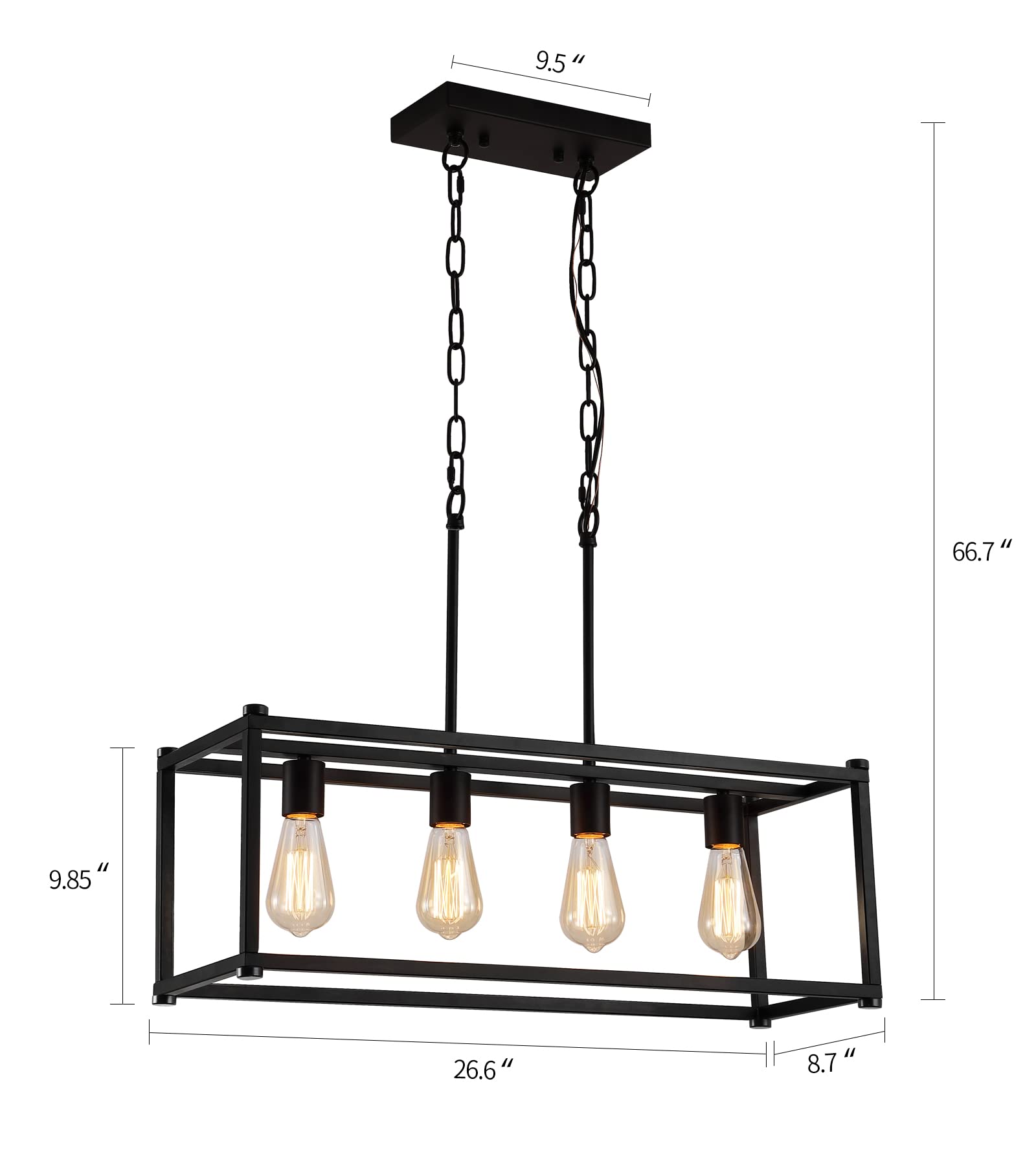 AMZASA Black Rectangle Island Lighting Chandelier - 4 Lights, Adjustable Height, Iron, Modern Industrial Design for Kitchen & Dining Room
